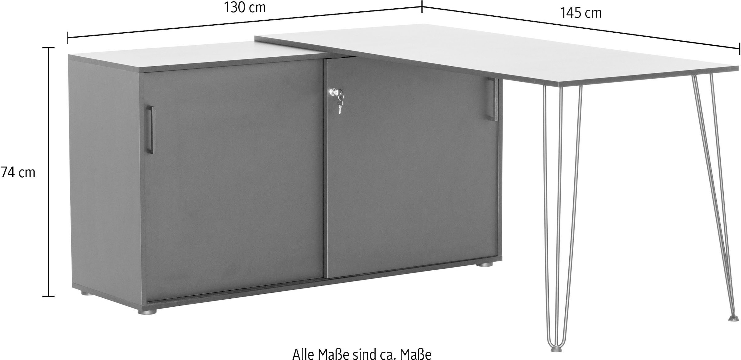 Schildmeyer Eckschreibtisch »Ekko, Breite 130 cm«, Metallbeschläge, Haarnadelfüsse, Tischplatte beliebig montierbar