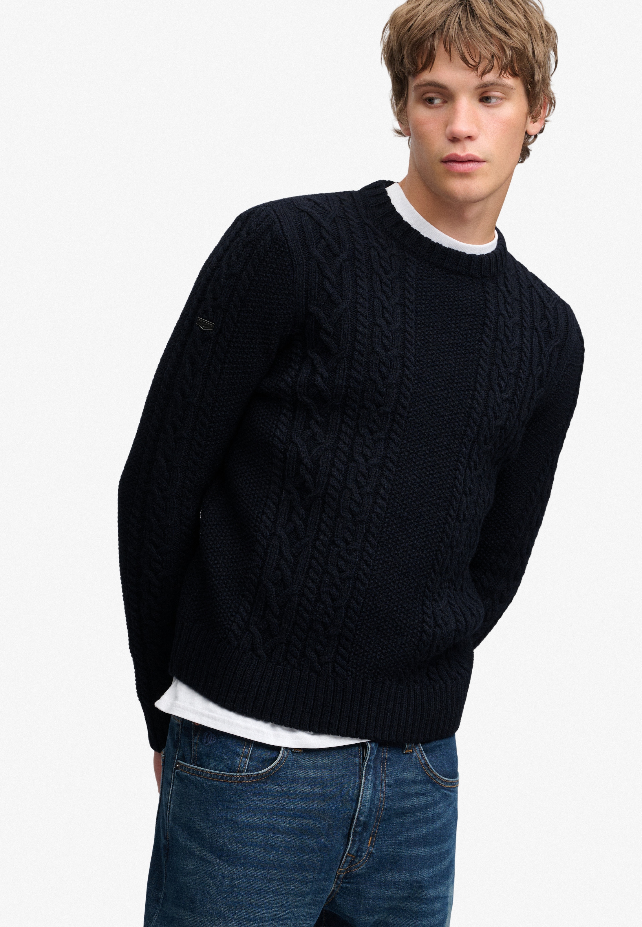 Superdry Rundhalspullover »JACOB CABLE JUMPER« Materialmix, regular fit