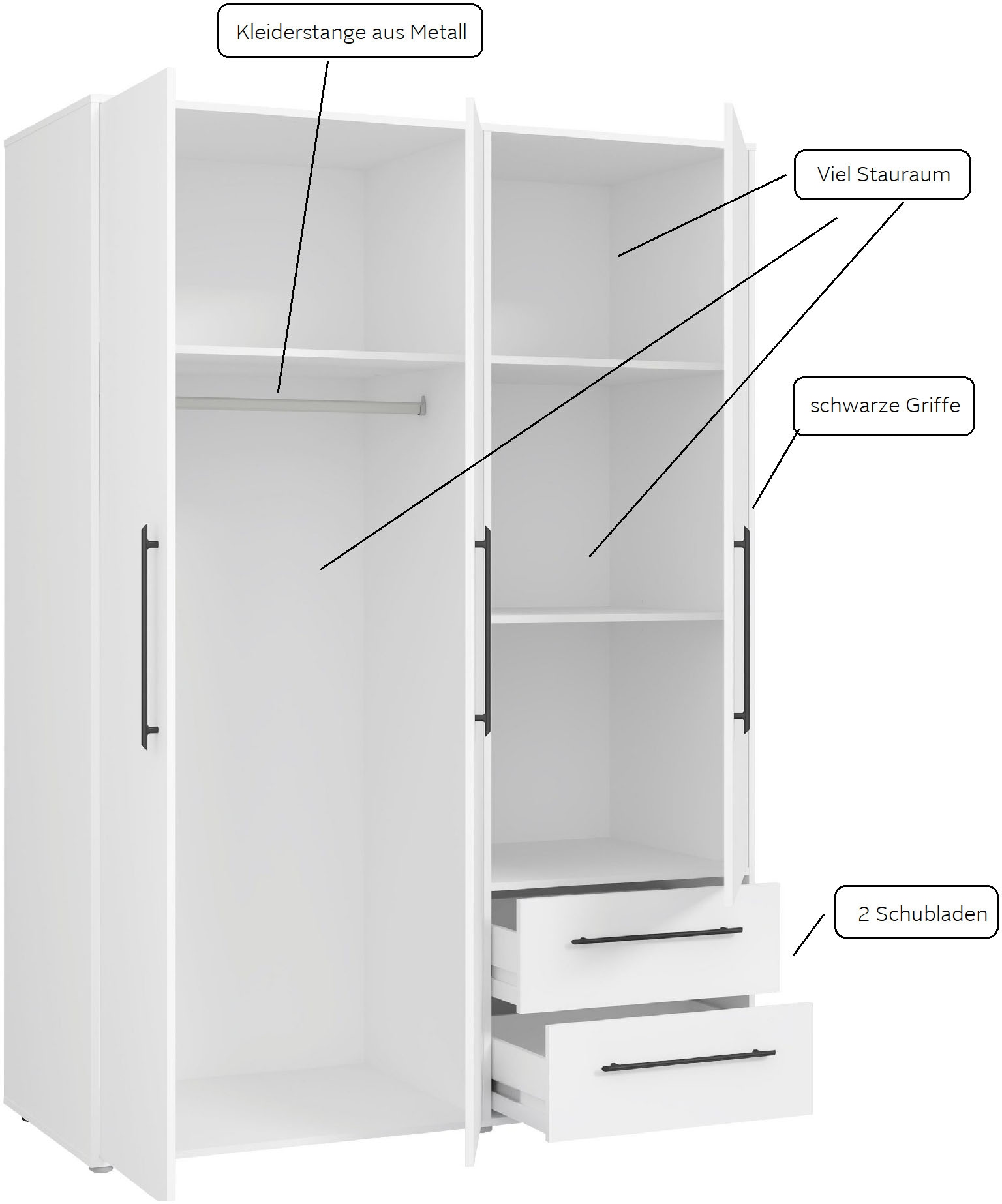 FORTE Armoires à vêtements »Mokkaris , Garderobe, zeitloses Design, 3 Türen, Made in Europe« L/H/P env. 144x200x59 cm,  Deux tiroirs, poignées barres noires, rangement, aussi en noir