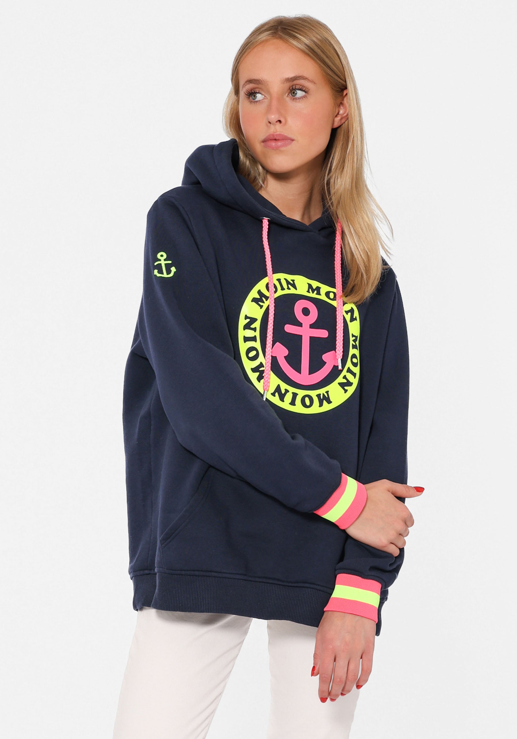 Image of Zwillingsherz Hoodie, Langarm, Kapuze, Neon-Details, Kordelzug, Frontprint, Kängurutasche