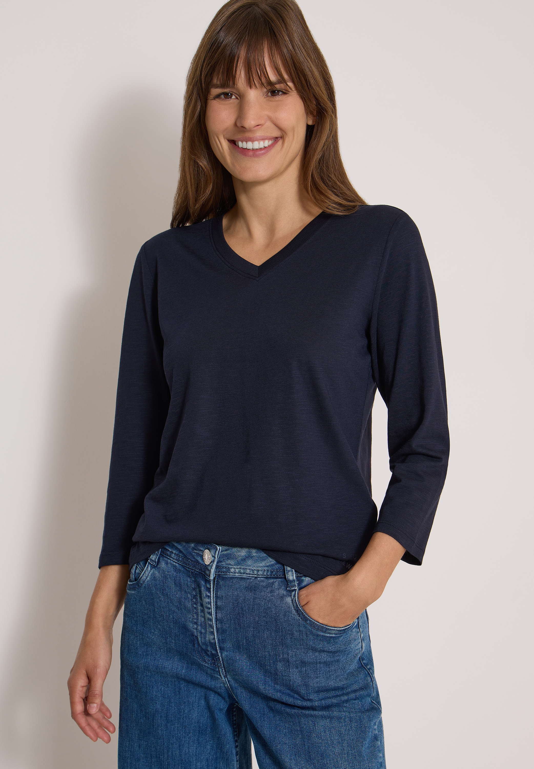 Cecil T-shirt en V t-shirt manches 3/4 uni avec col en V