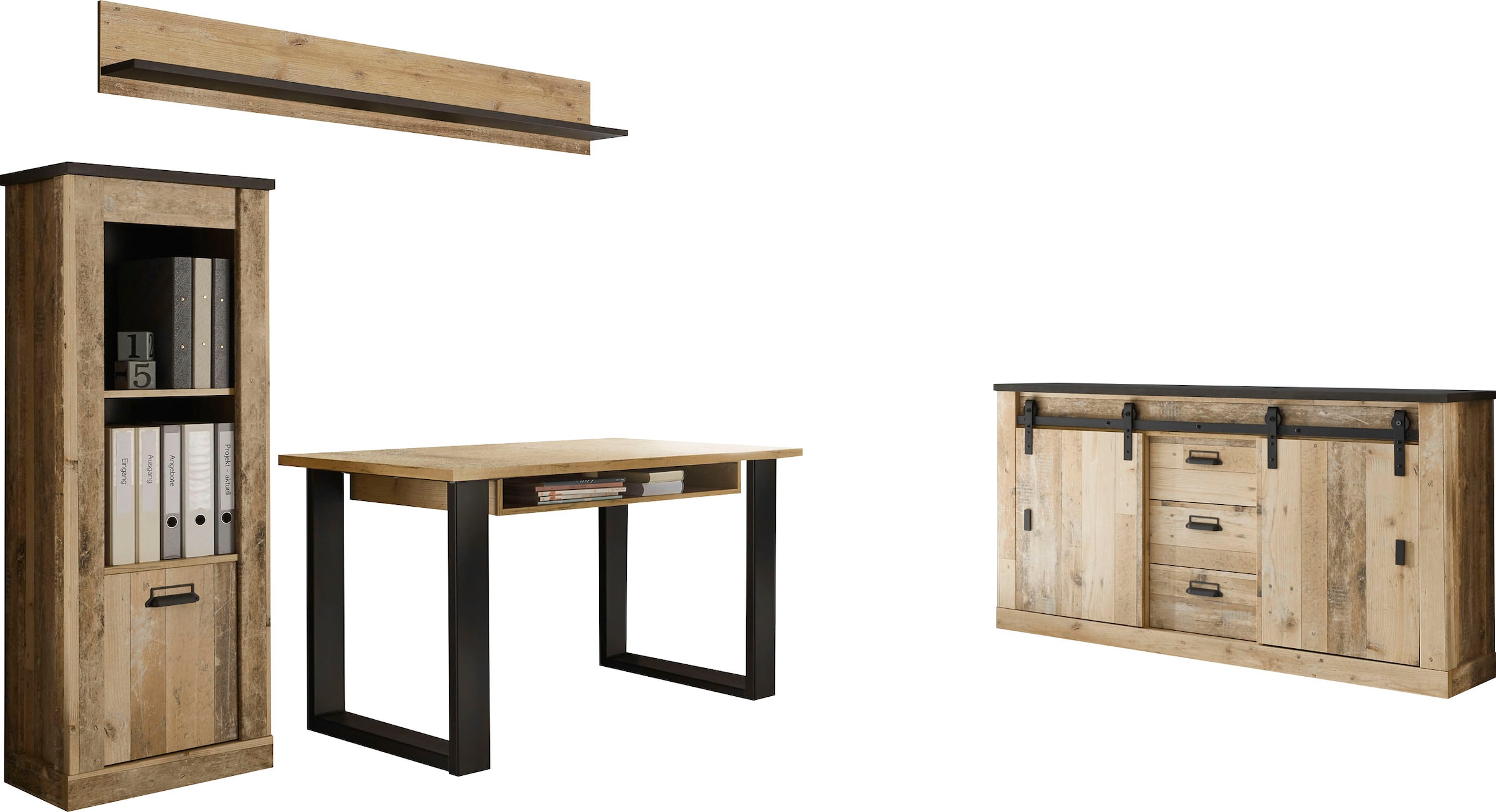 Home affaire Schrank-Set »SHERWOOD«, (4 St.), Büromöbel Set in Holz Dekor, mit Scheunentorbeschlag aus Metall