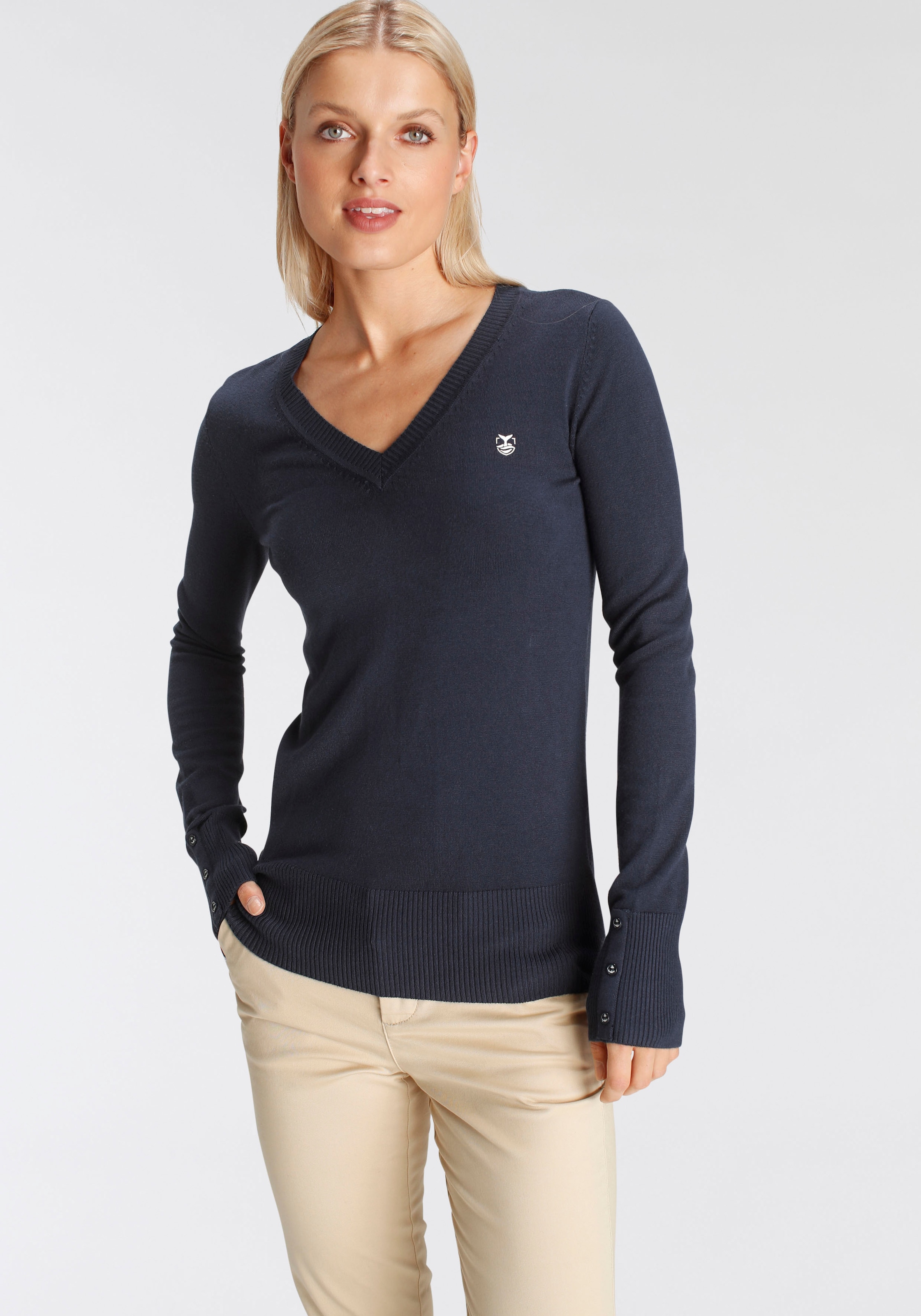 DELMAO V-Ausschnitt-Pullover, mit kleinem Logodruck auf der Brust