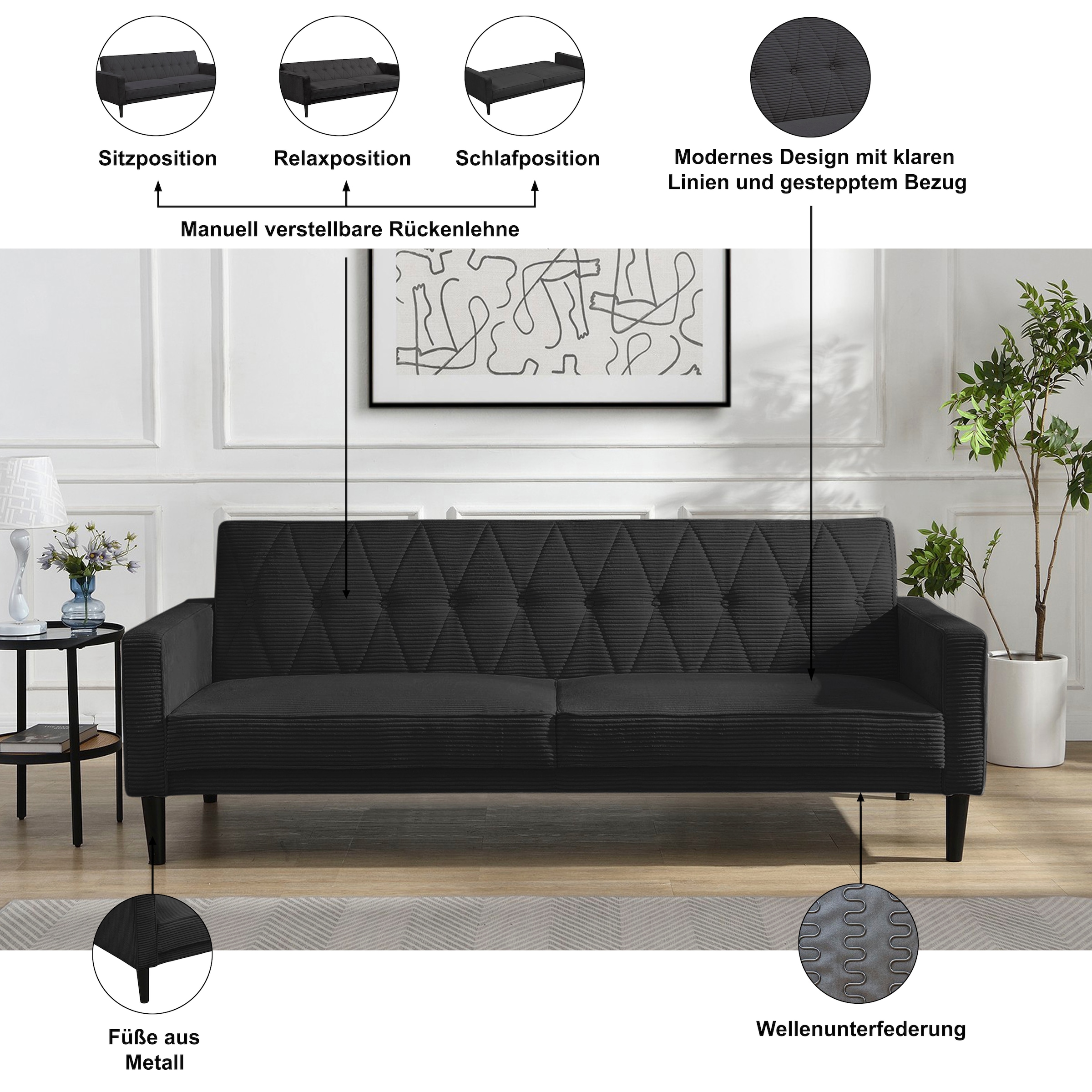 Dorel Home 3-Sitzer »Avon« Schlafsofa 213cm, Bettfunktion (110/190cm), trendiger Cord o. Webstoff