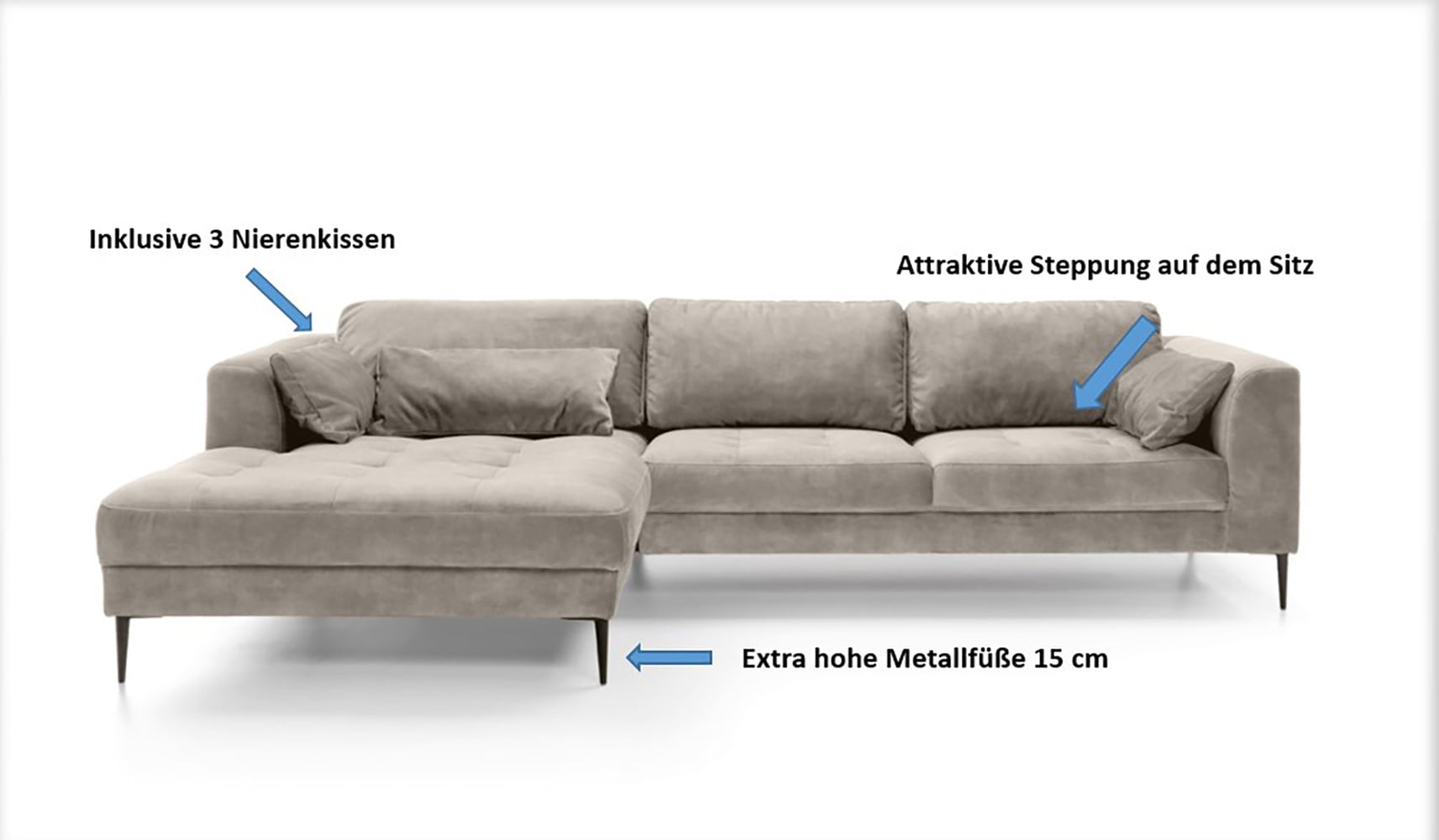 TRENDMANUFAKTUR Ecksofa »Luzi, wahlweise mit Schlaffunktion & Bettkasten. , L-Form« Designsofa mit tollem Sitzkomfort, Metallfüsse schwarz, Breite 280 cm