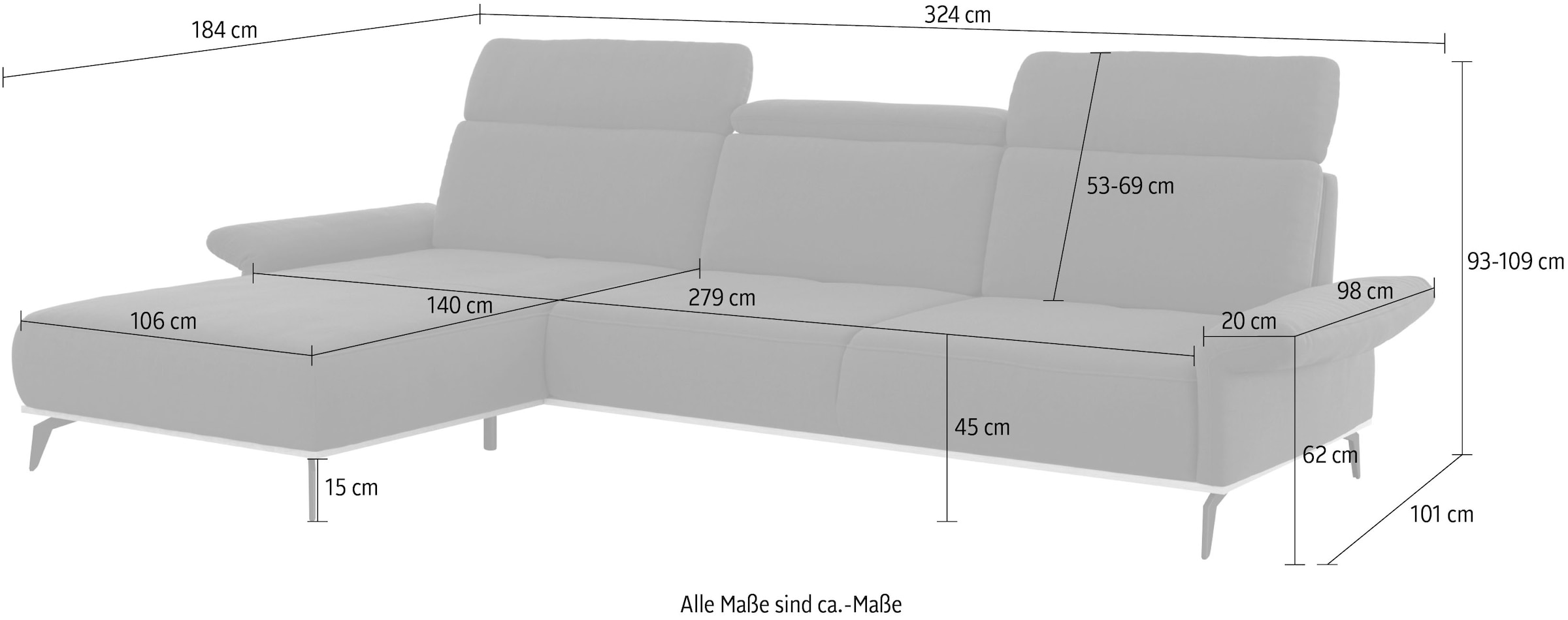Places of Style Ecksofa »Fjord L-Form«, massiv, wahlweise mit Armlehnfunktion, Kopf- Sitztiefenverstellung