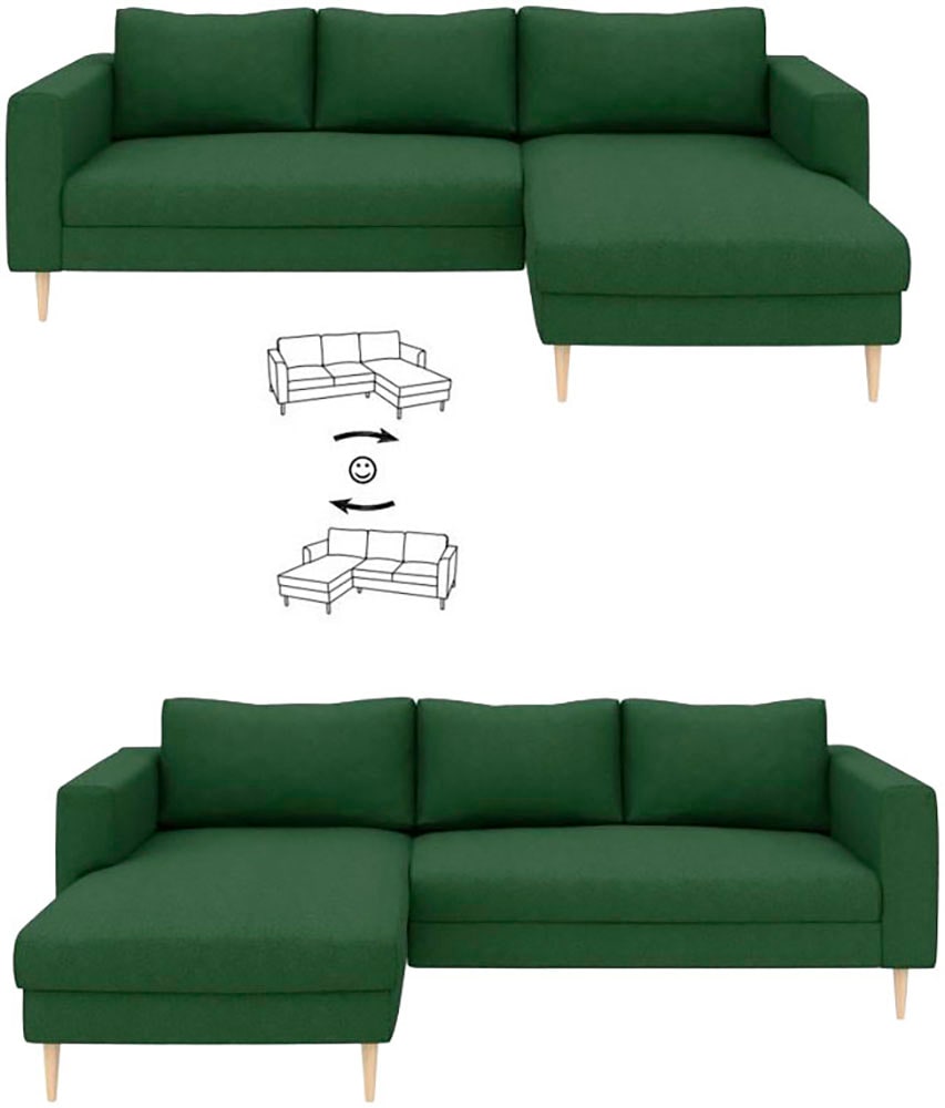 TRENDMANUFAKTUR Canapé d'angle »Amazing, wahlw. mit Schlaffunktion & Bettkasten, Fuss Buche lackiert« Recamiere beidseitig montierbar, L-Form,in Cord o. Struktur, B: 232 cm