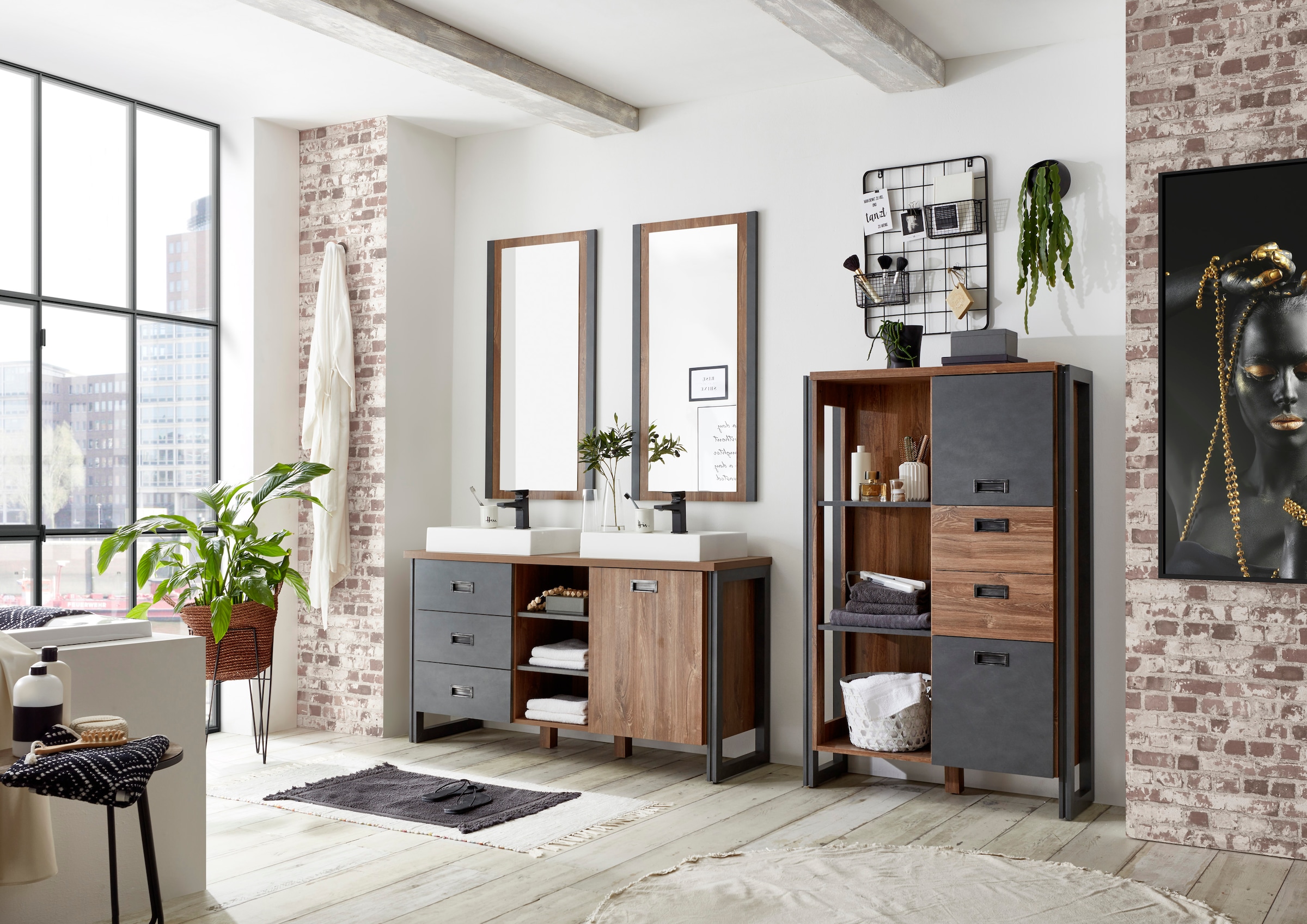 Home affaire Badmöbel-Set »Detroit, Bad im Industrialdesign, 3-teiliges Badezimmer«, (Set, 4 St.), Waschtisch, Highboard, Spiegel, inkl. 2 Mineralguss-Aufsatzwaschbecken