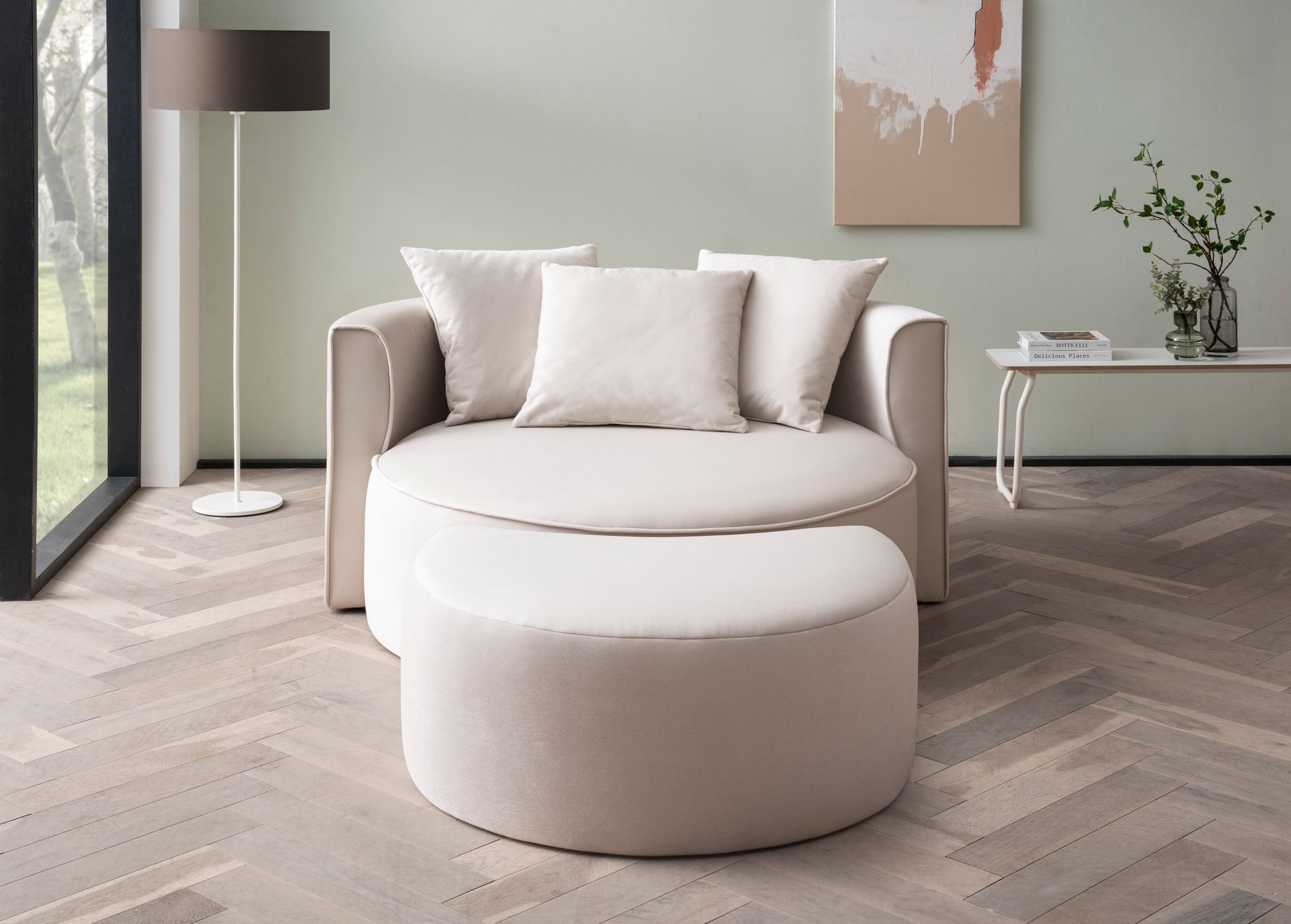 LeGer Home by Lena Gercke XXL-Sessel »ISALIE, Rundsessel mit Hocker, Lesesessel, Loveseat, Big-Sessel«, (Set), trendige Stoffe, 3 Zierkissen, grosse Sitzfläche, Cord, Samt, Bouclé