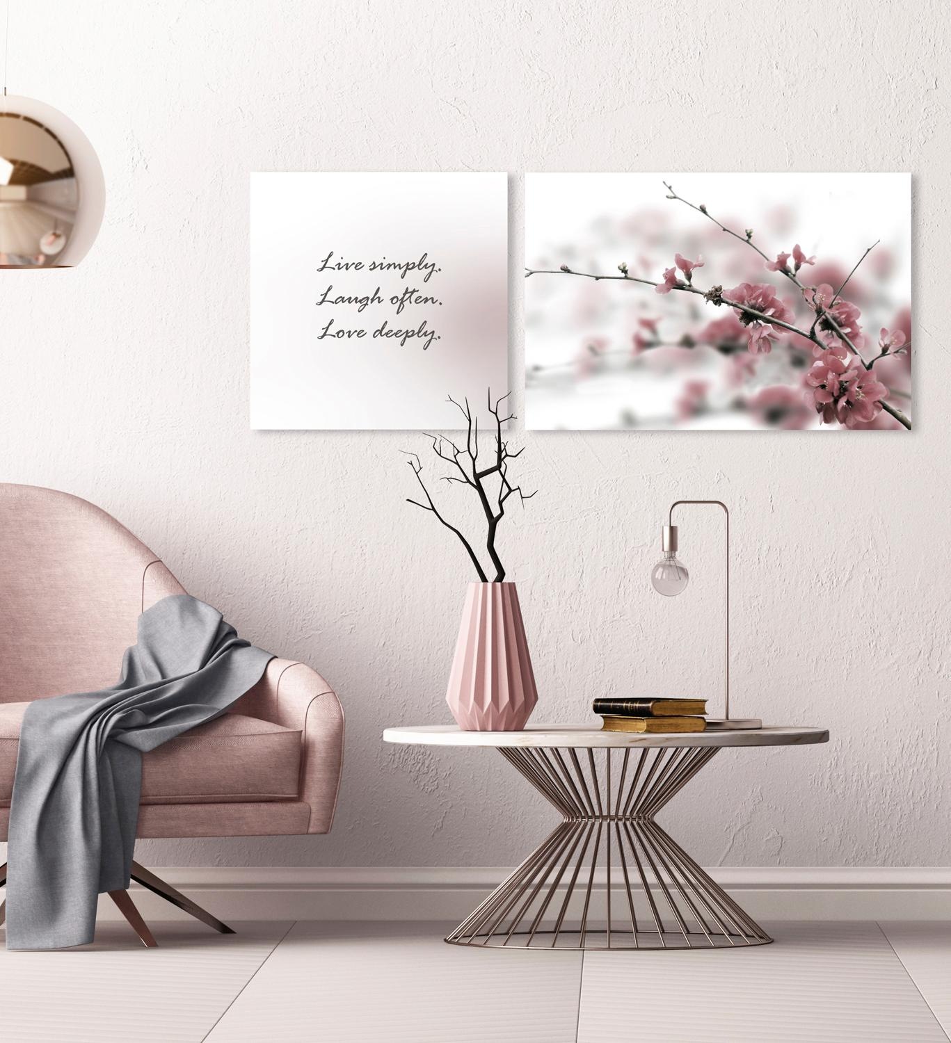 queence Leinwandbild "Live, Laugh & Love" Blumen  Blumenbilder  Kunst  Modern  Schriftzug  Schriftzüge  Spa  Spa Bilder  Sprüche  Sprüche & Texte Set, Premium-Leinwandstoff, Handarbeit aus Deutschland, Spruch, 2er Set