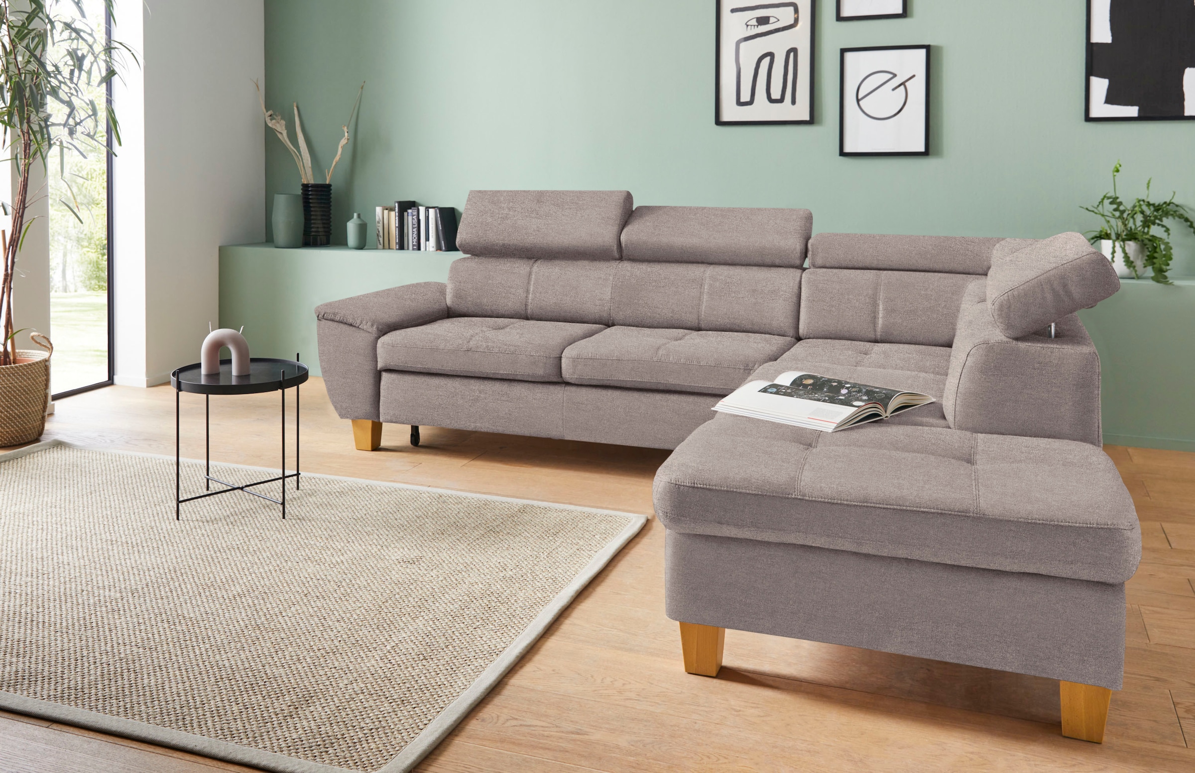exxpo - sofa fashion Canapé d'angle »Enya, hoher Sitzkomfort, Breite 266cm, bequem, 12cm hohe Füsse, L-Form« mit Kopfteilverstellung, wahlweise Bettfunktion u. Bettkasten