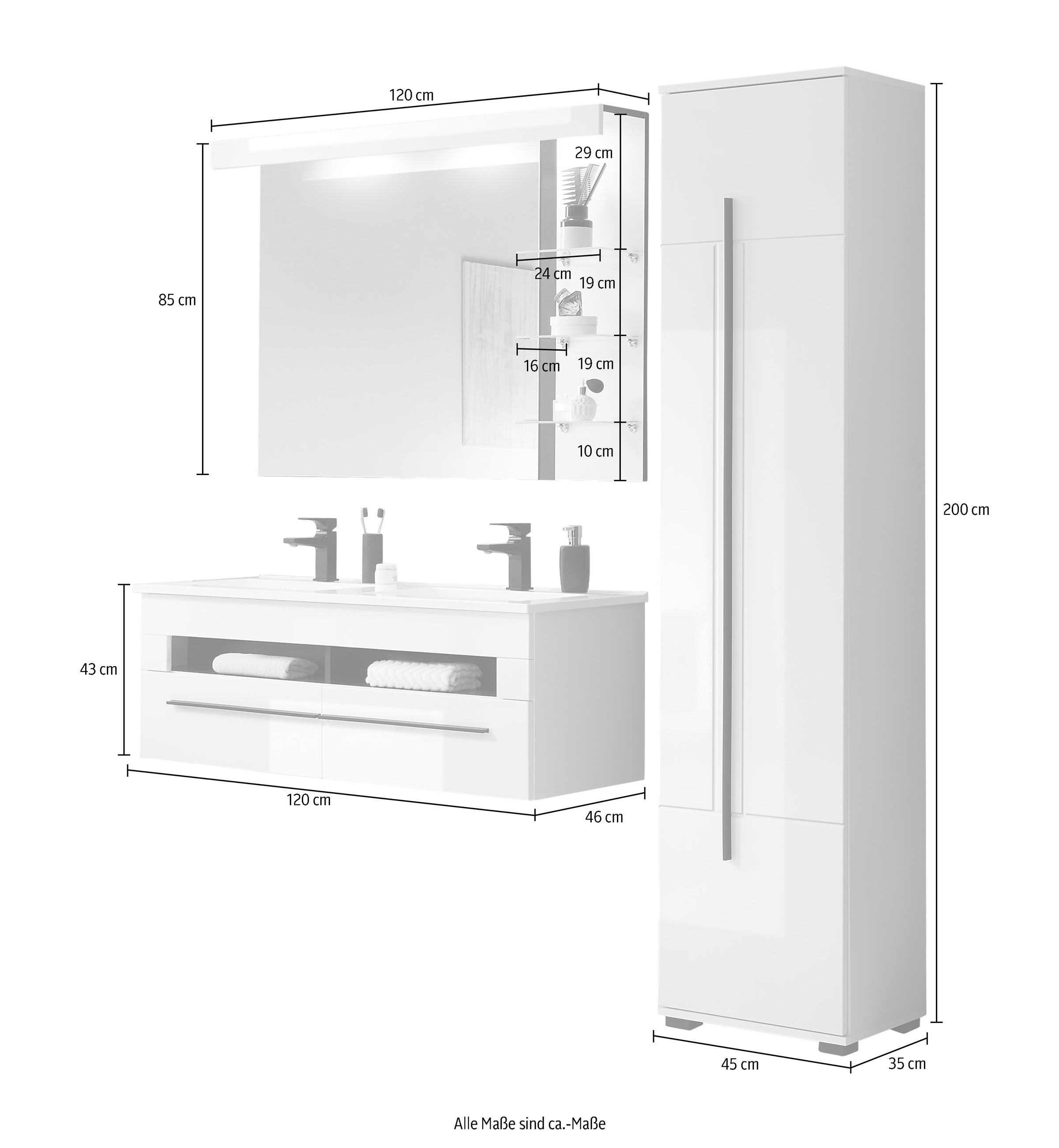 INOSIGN Badmöbel-Set »Cantara, Bad im modernen Design, 3-teiliges Badezimmer«, (Set, 3 St.), Waschtisch, Schrank und Spiegel, in Weiss Hochglanz, viel Stauraum