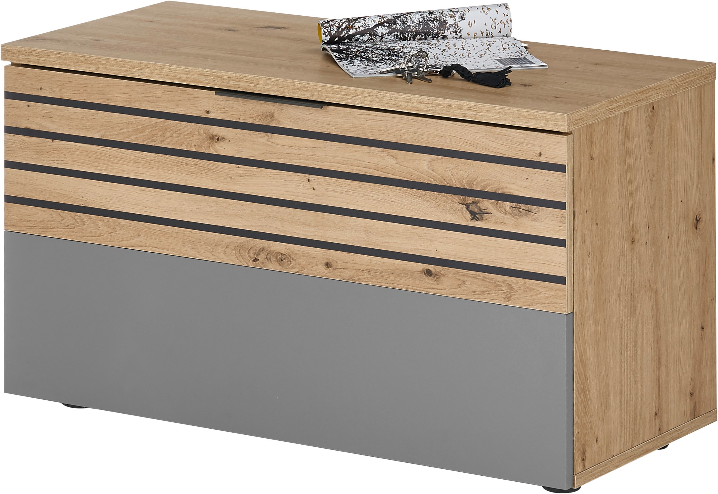 HBZ Garderoben-Set »5-tlg. Eiche Stripes Optik Flurgarderobe Stellmass BxHxT 260x197x38 cm«, (5 St.), Mit Schuhkommode, Hochschrank, Bank, Paneel, Spiegel