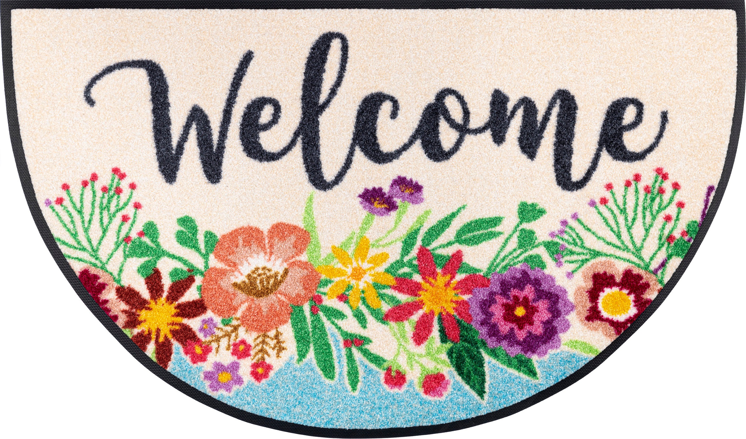 Image of wash+dry by Kleen-Tex Fussmatte »Round Welcome Blooming«, halbrund, 7 mm Höhe, Schmutzfangmatte, Motiv Blumen, mit Spruch, rutschhemmend, In- und Outdoor geeignet, waschbar bei Ackermann Versand Schweiz