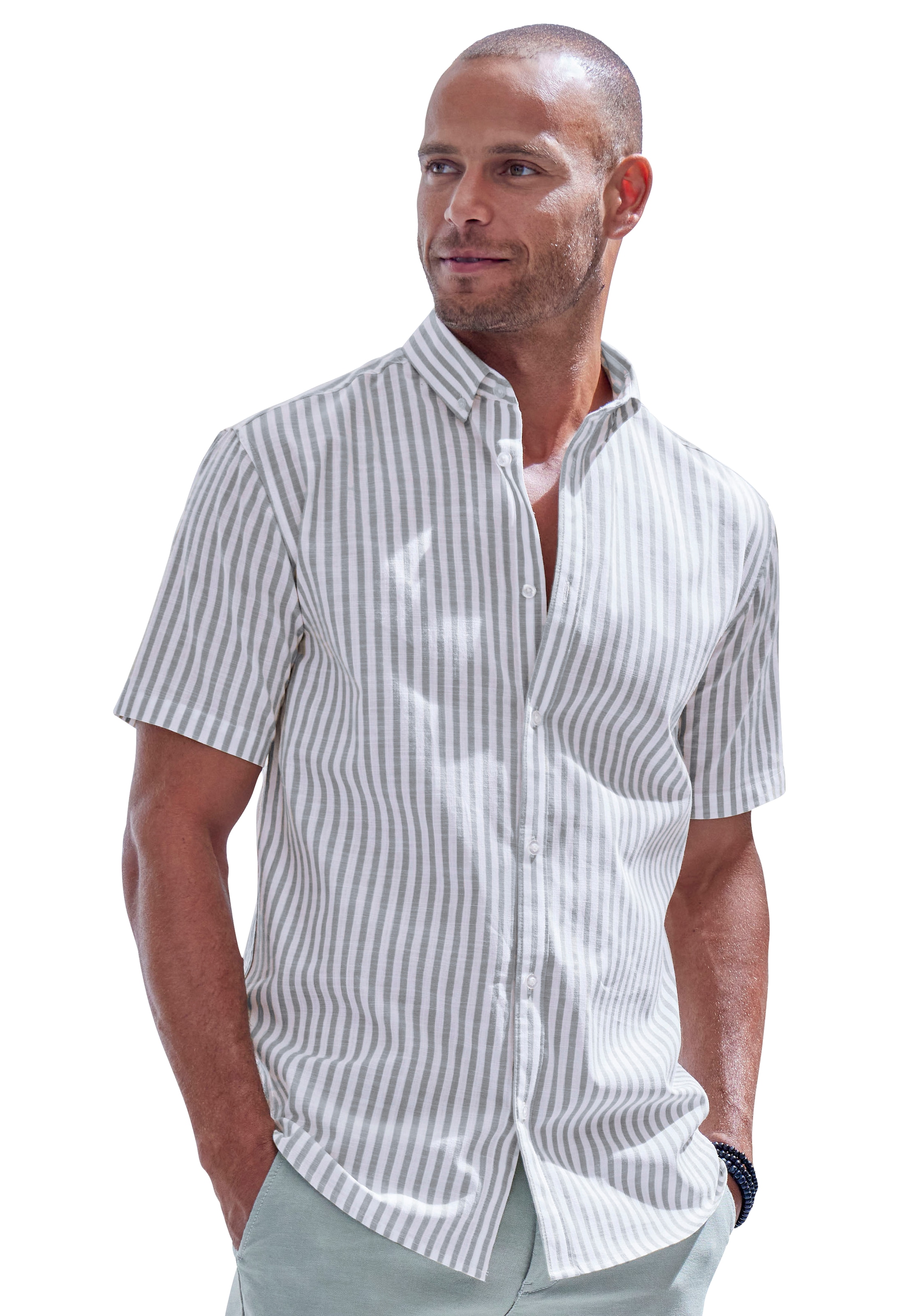 John Devin Chemise à manches courtes »Regular Fit,« Streifenhemd mit Button-down-Kragen aus reiner Baumwolle