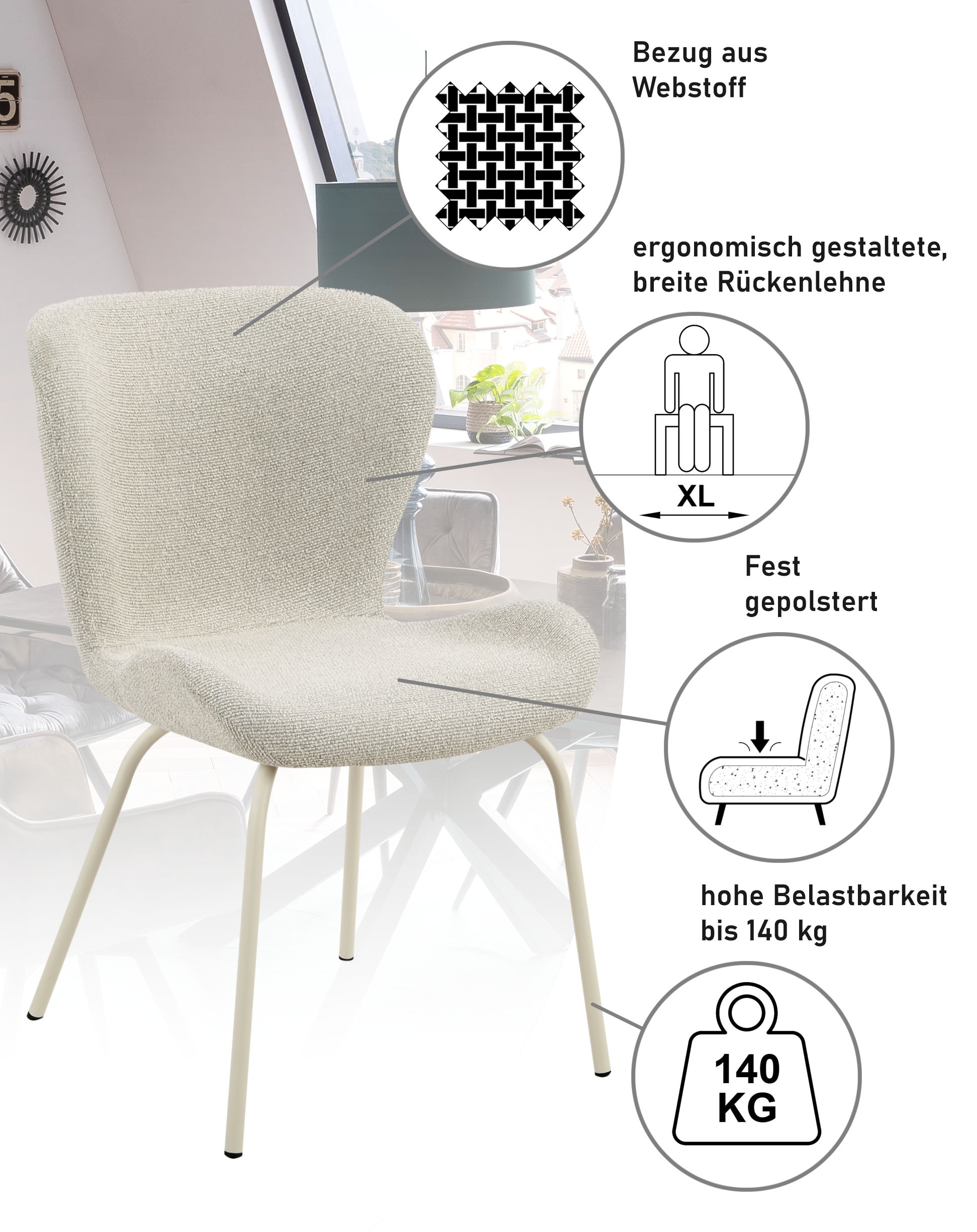 HELA Chaise à 4 pieds »LAGOS« (Set) 1 cuis4-Fussstuhl XL, Gestell angepasst, Webstoff, 140kg belastbar