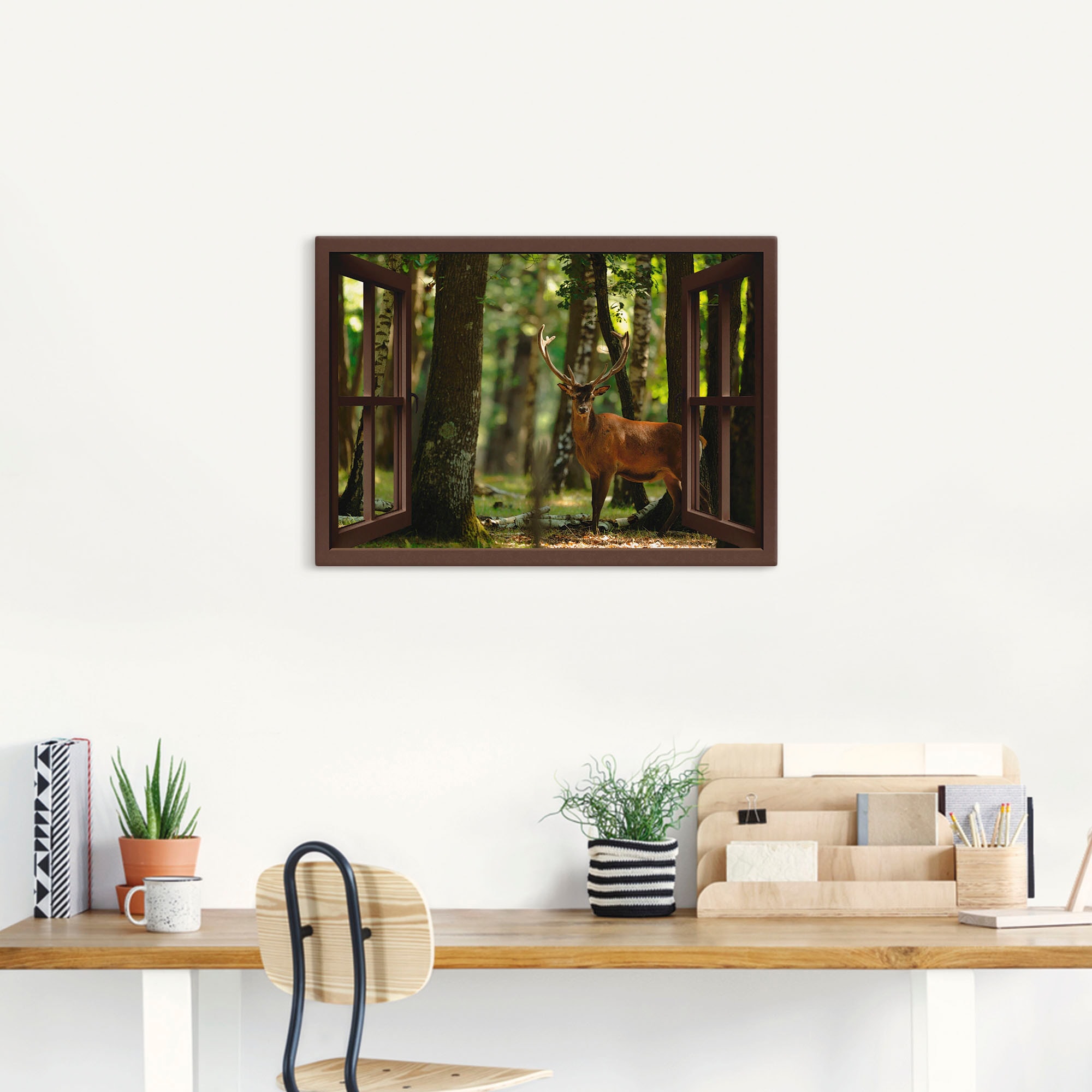Artland Tableau sur toile »Fensterblick - Hirsch 4 - Wald« 1 cuis tlg. auf Holzrahmen gespannt