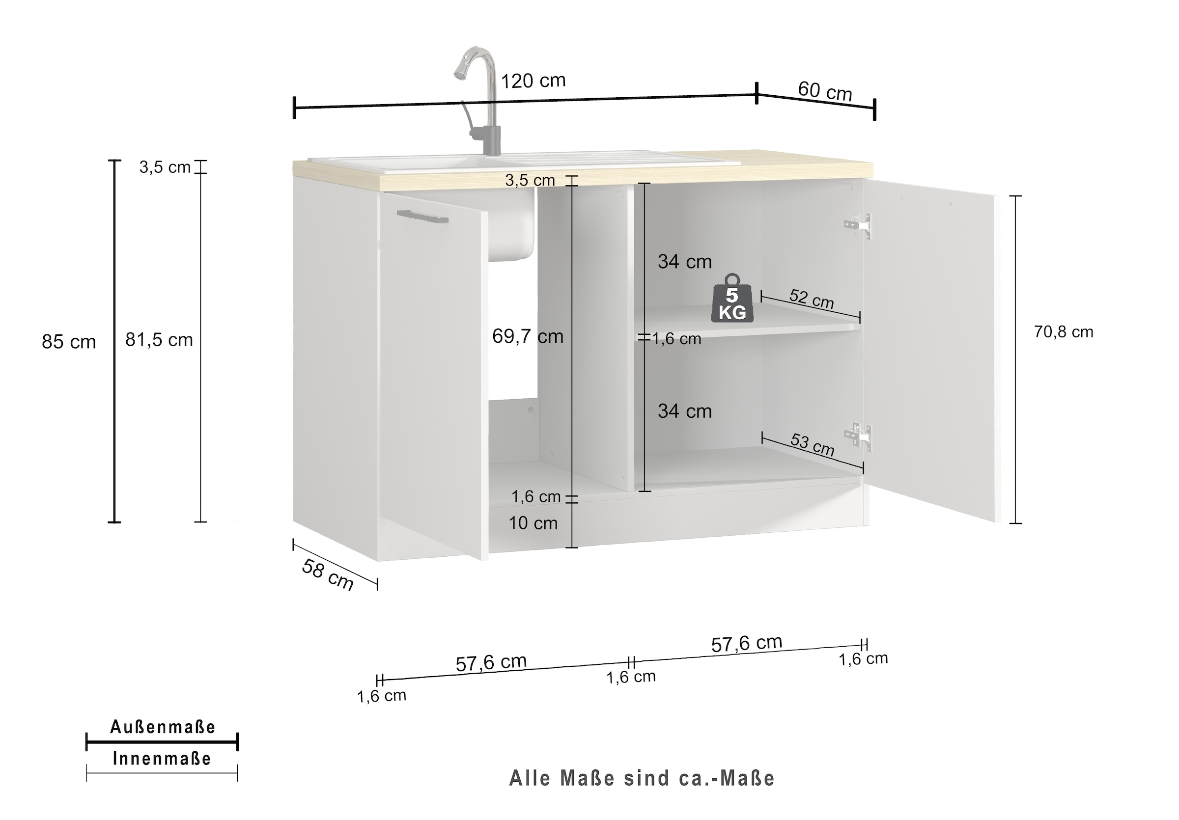 KOCHSTATION Meuble évier »Luna, Unterschrank für Spüle, Küchenspülenschrank, Made in  Italy« B/T/H: 120×60×85 cm, inklusive Einbauspüle und Siphon