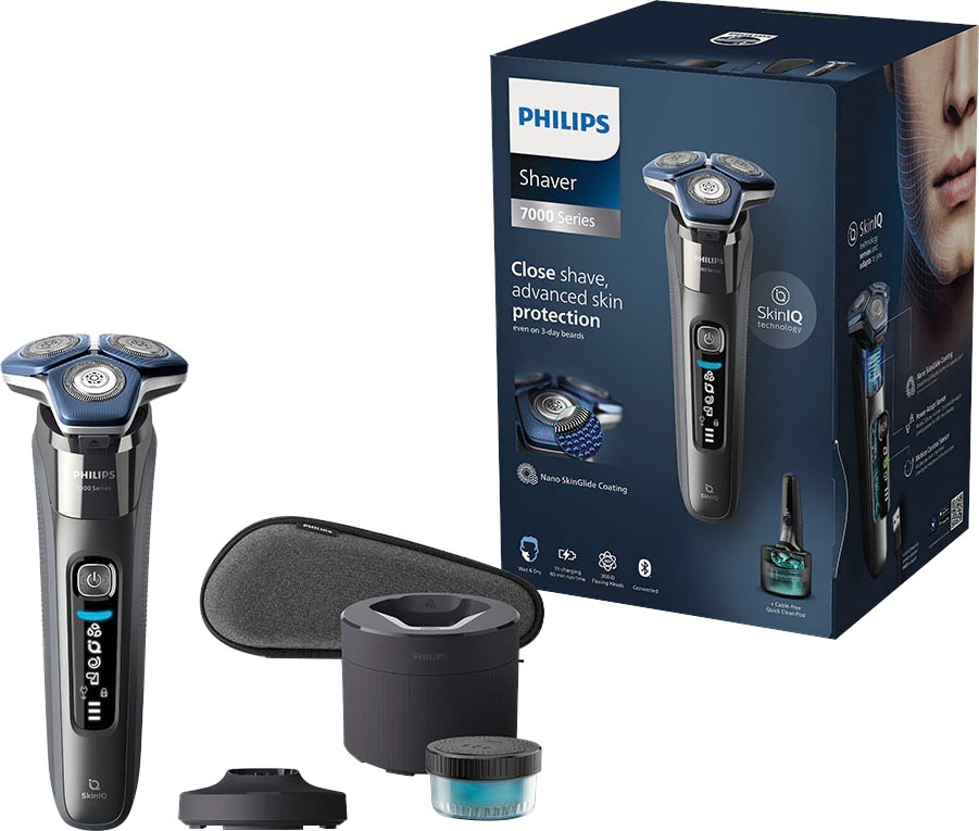 Image of Philips Elektrorasierer "Shaver Series 7000 S7887/55" Reinigungsstation ausklappbarer Präzisionstrimmer 1 Reinigungskartusche, Etui, Ladestand, mit SkinIQ Technologie