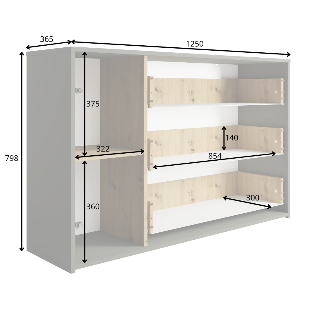 INOSIGN Kommode »Kommode Loreto mit 3 Schubladen und eine Tür, B/T/H 125/36/80 cm«, Kommode mit Schubladen und Drehtür sowie MDF-Lamellen
