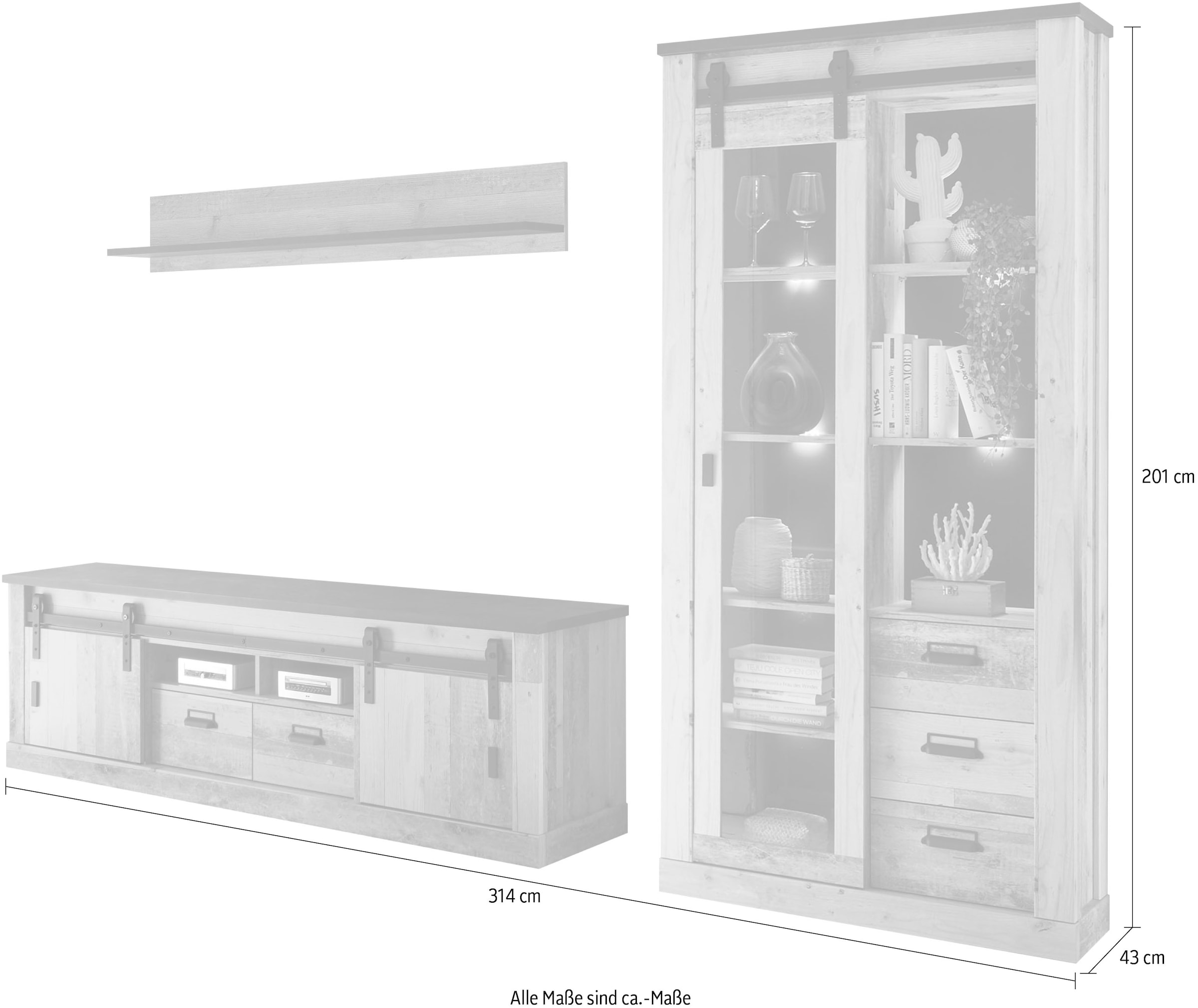 Home affaire Wohnwand »SHERWOOD«, (3 St.), Scheunentorbeschlag und Apothekergriffe aus Metall, Höhe 201 cm