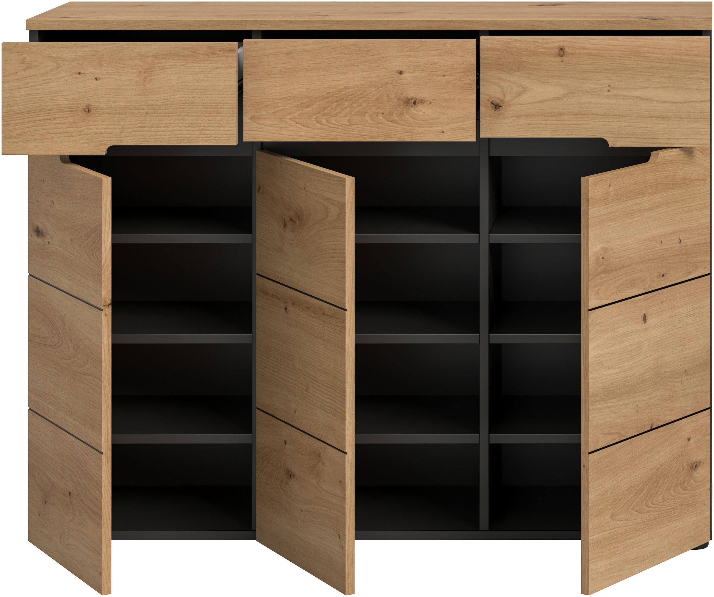 Home affaire Garderobenschrank »REHAT, TOPSELLER!, Breite 120 cm, 3 Türen, 3 Schubkästen, 12 Fächer« in verschiedenen Farben erhältlich, Platz für ca. 24 Paar Schuhe, 1 Stk. tlg. Schuhschrank, Kommode, Schuhkommode, Anrichte, Sideboard