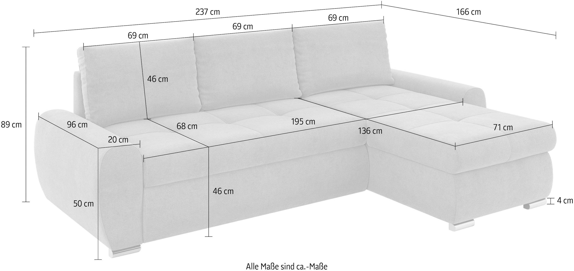 INOSIGN Ecksofa »HAVERHILL Schlafsofa mit Bettkasten, Masse B/H/T: 237/89/166 cm«, L-Form mit Recamiere links oder rechts bestellbar, Wellenunterfederung