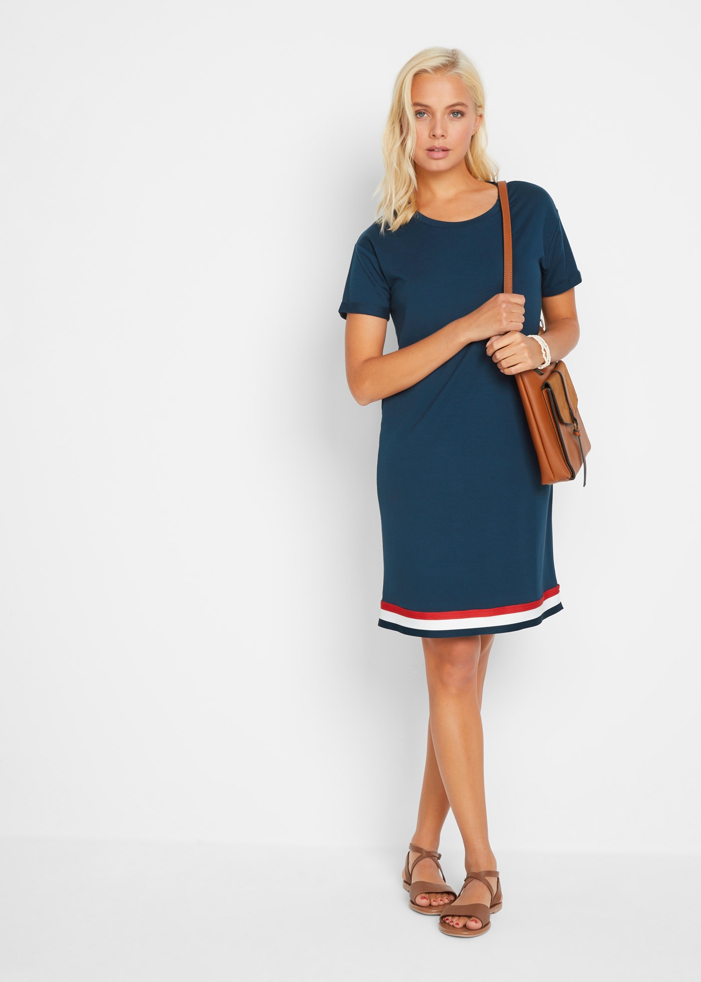 bonprix Robe en sweat unifarben, mit Rundhalsausschnitt, Kurzarm, umgekrempelte Ärmel