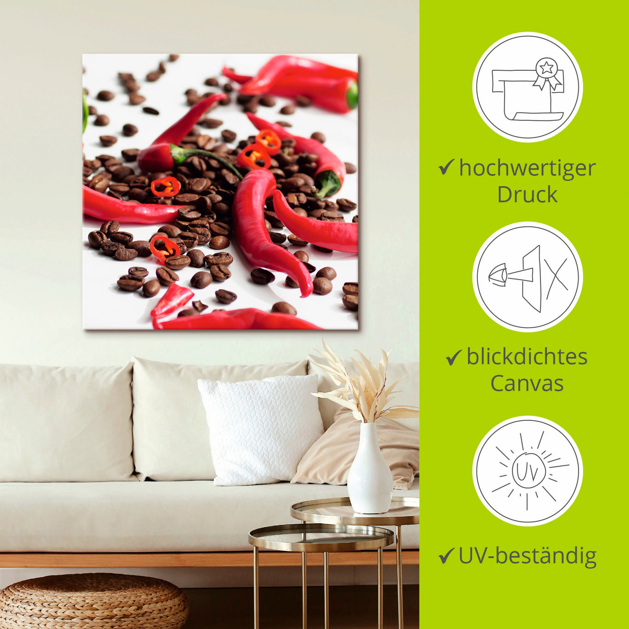 Artland Wandbild »Frische Chili auf Kaffee«, Lebensmittel, (1 St.), als Leinwandbild, Poster in verschied. Grössen