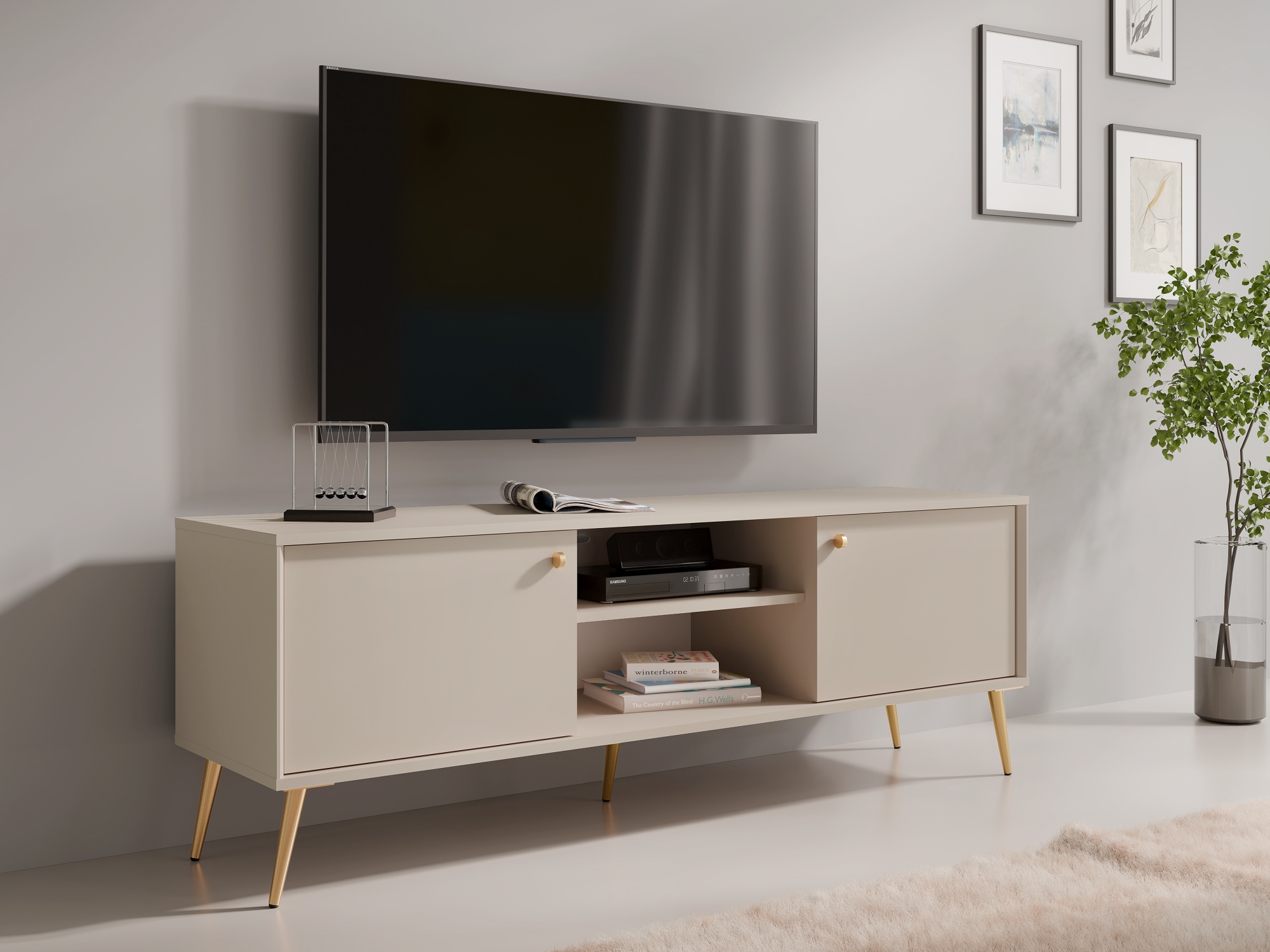 Image of Home affaire Lowboard "ROMELIS TV-Schrank mit 2 Türen und einem Fach, B/T/H: 156/40,5/54,8 cm" Beige TV-Kommode mit goldenen Akzenten, viel Stauraum