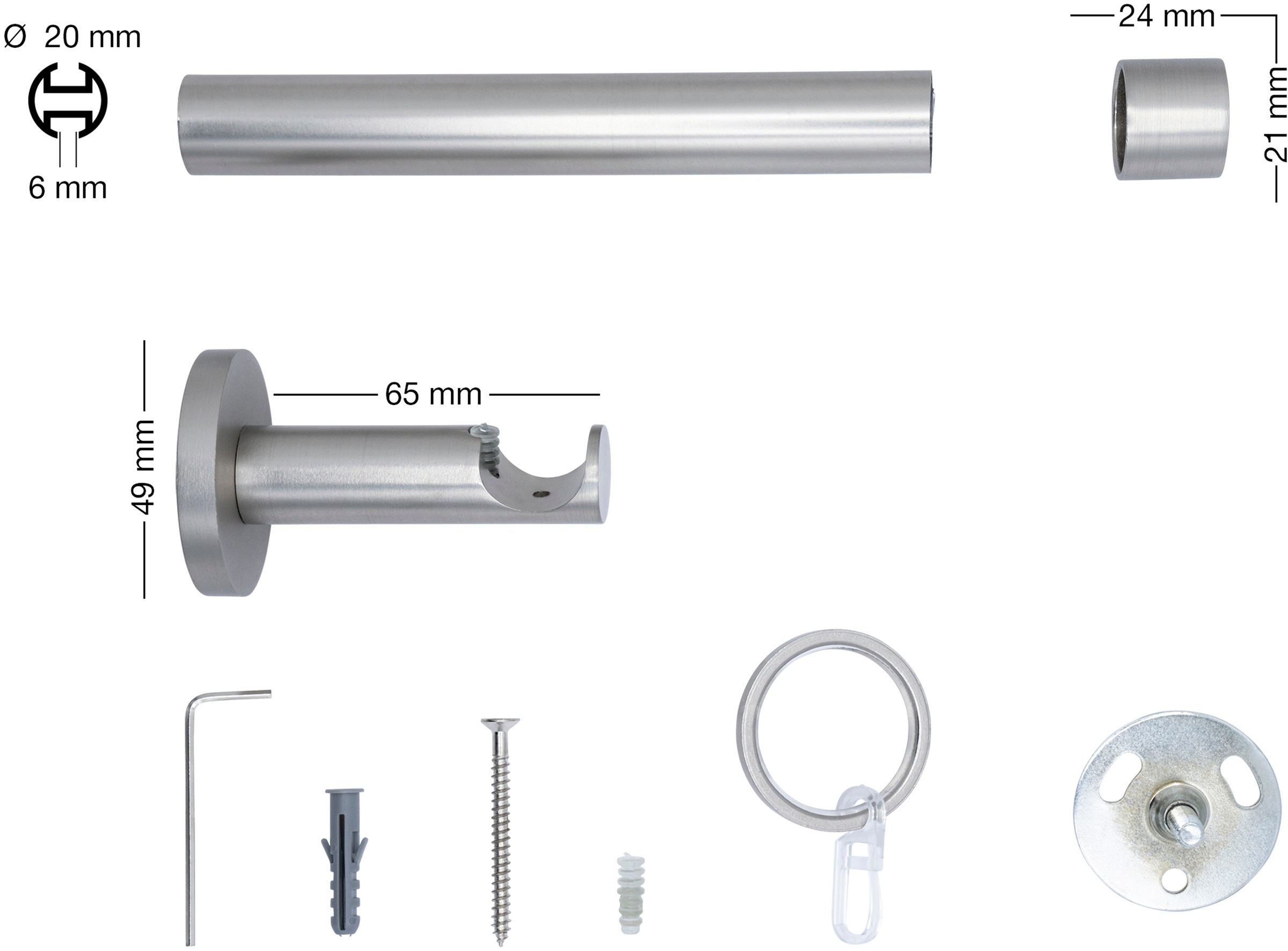 mydeco Gardinenstange »20mm Cap Wandträger 6,5 cm«, 1 läufig-läufig, Fixmass
