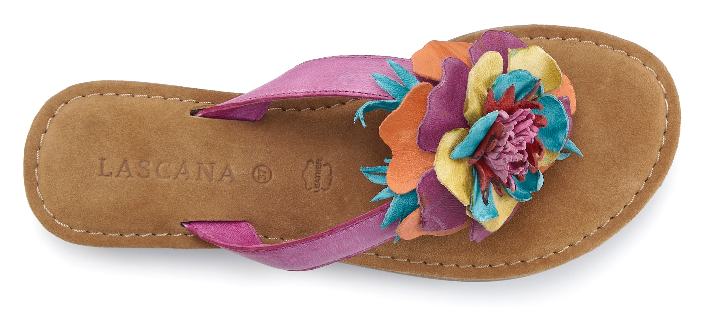 LASCANA Pantolette »Sommerschuh, offener Schuh, Mule, Sandale,«  NEU aus Leder mit raffinierter Blumen-Applikation