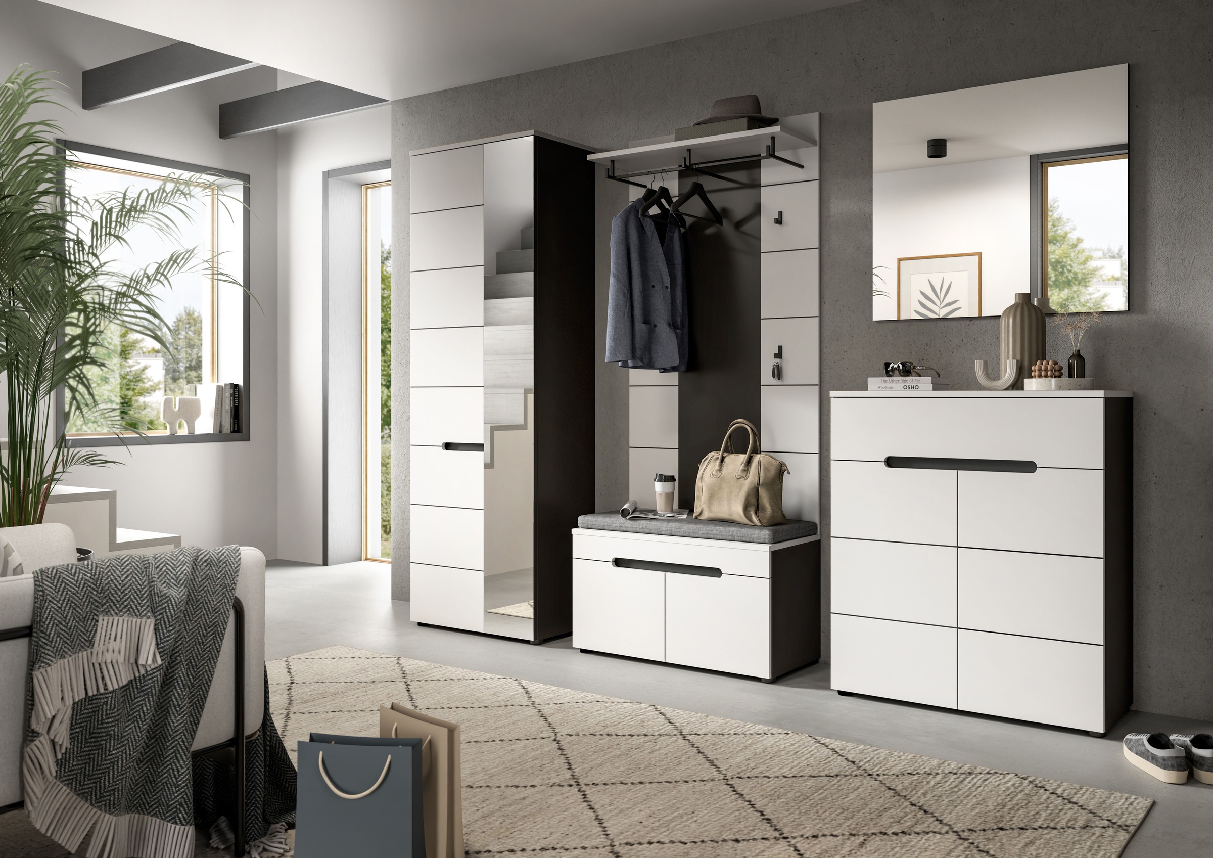 Home affaire Ensemble de vestiaires »REHAT, TOPSELLER!, 5-teilig, Breite 255 cm, individuell erweiterbar« Set, bestehend aus: Schrank, Sitzbank, Sitzkissen, Paneel, Spiegel, Kommode, 6 cuis tlg.