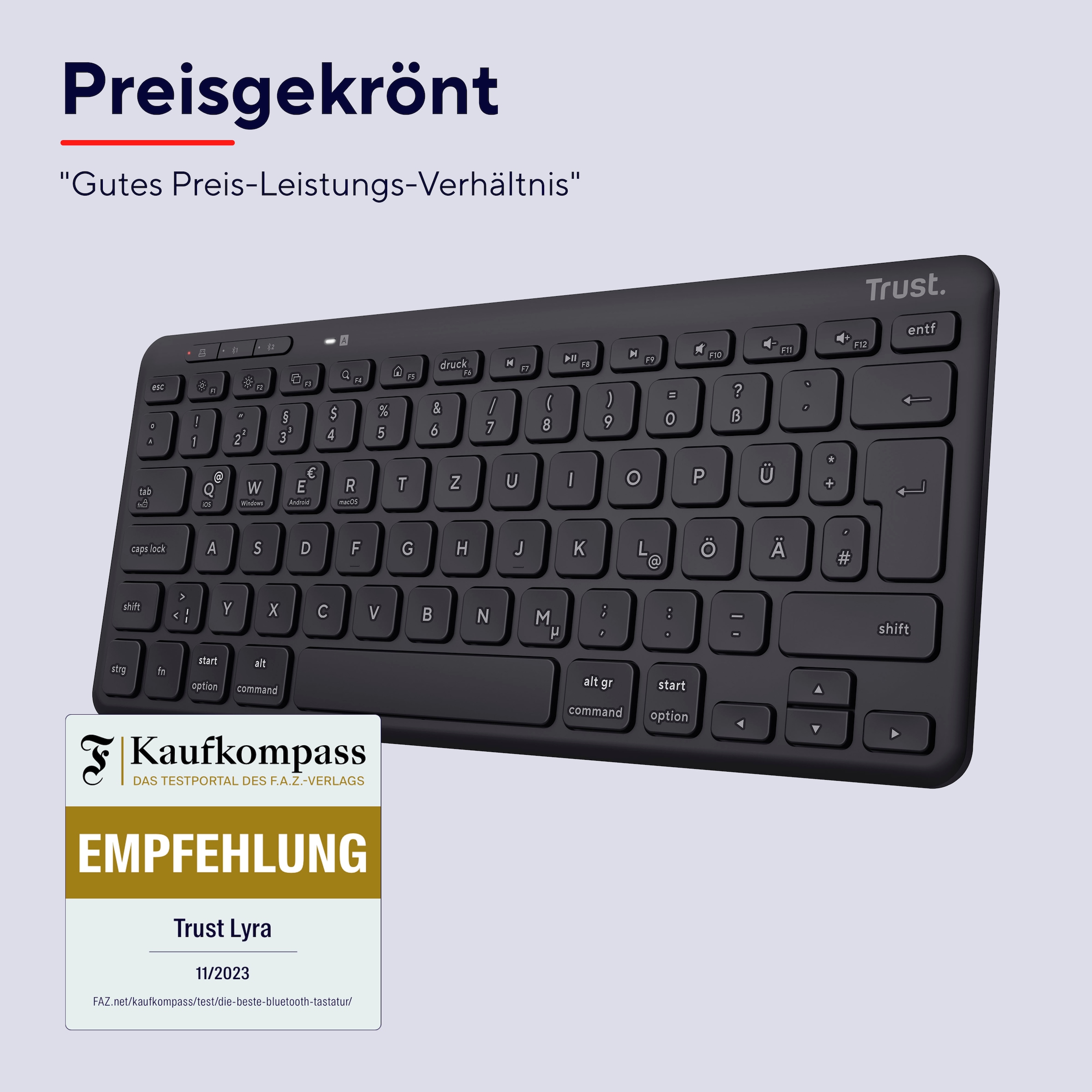 Trust Wireless-Tastatur »Lyra Kompakte Funktastatur«, (USB-Anschluss-Anpassbare Höhe-Multimedia-Tasten)