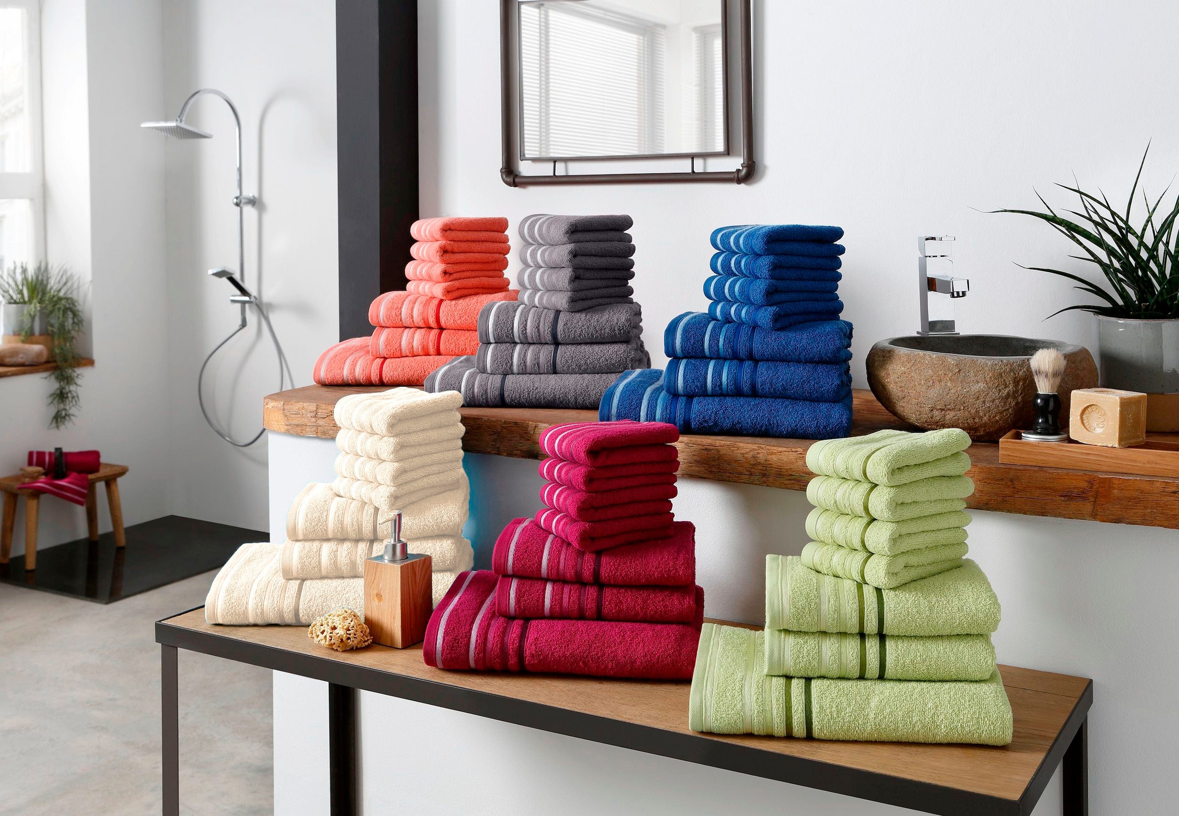 my home Handtuch Handtuchset aus Streifenbordüre, Set, 100% mit Baumwolle mehrfarbiger 7 bequem Set kaufen tlg., »Niki«, Walkfrottee