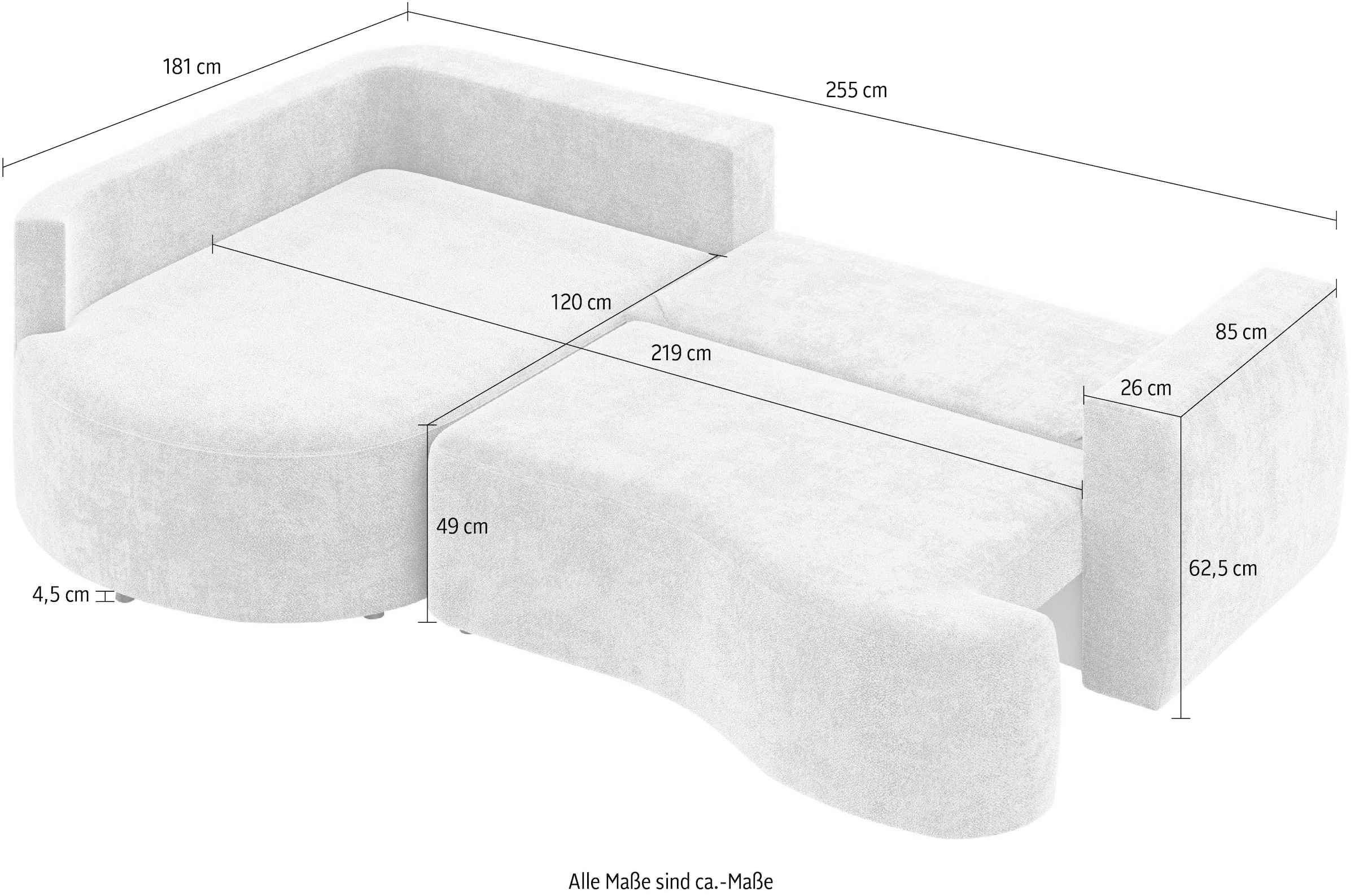 INOSIGN Ecksofa »Kahekili, Schlafsofa mit Bettkasten, Masse B/T/H: 255/181/90/ cm«, L-Form mit Wellenunterfederung, 7 Rückenkissen und 2 Zierkissen