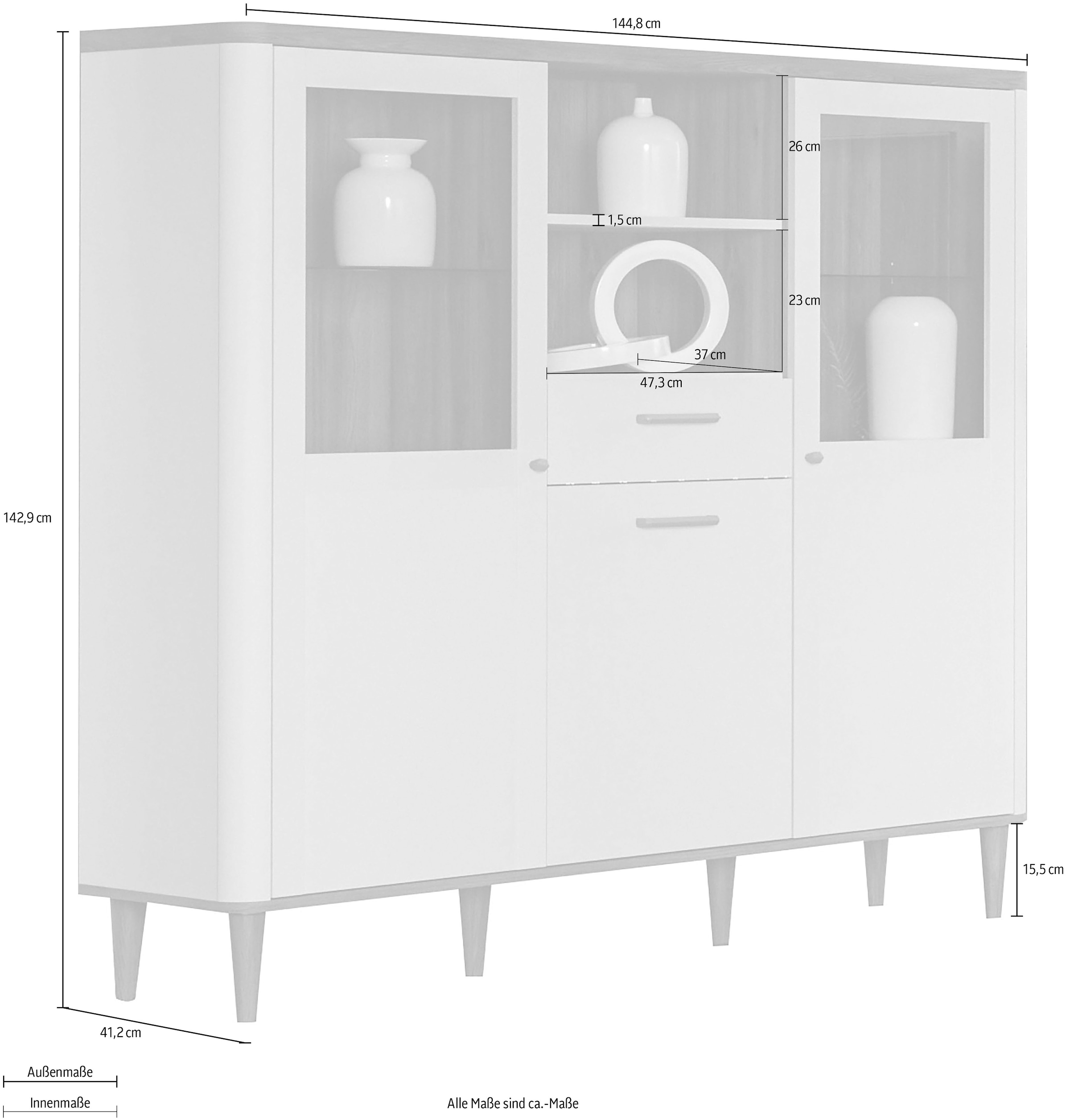 FORTE Vitrine »Lacetti« B/H/T 144,8/142,9/41,2 cm, Echtholzfüsse