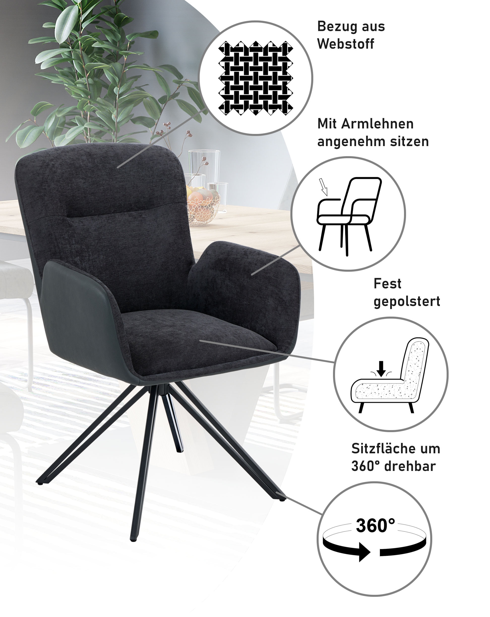 HELA Chaise pivotante »MILAZZO« (Ensemble) 2 cuisfauteuil pivotant avec accoudoirs (360°), combinaison de matériaux, structure en V