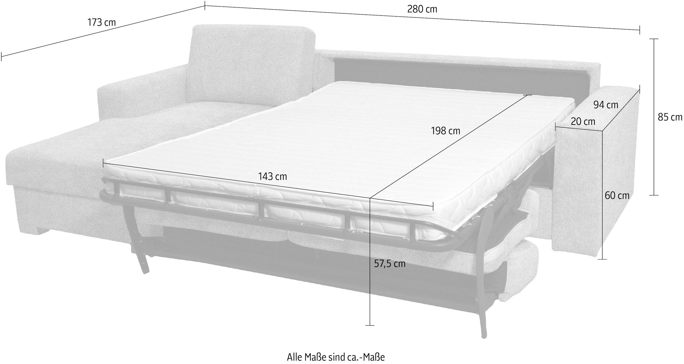 Home affaire Ecksofa »Roma "M" Matratzenhöhe 14 cm, Dauerschlaffunktion, mit Unterfederung,«, Liegemasse ca 143x198 cm, L-Form