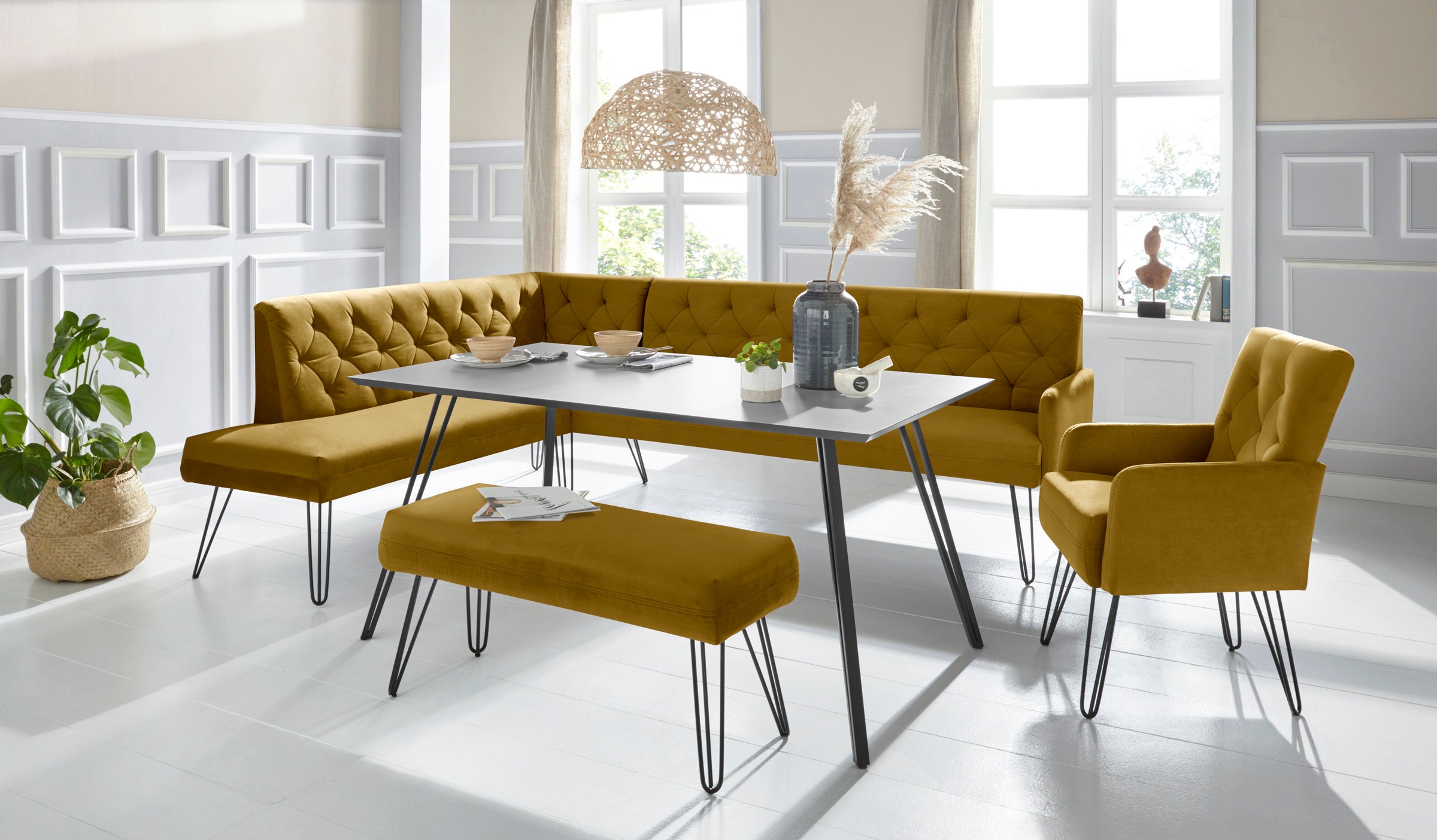 exxpo - sofa fashion Eckbank »Doppio, Chesterfield Optik, komfortabel und bequem, hohe Designfüsse«, Frei im Raum stellbar