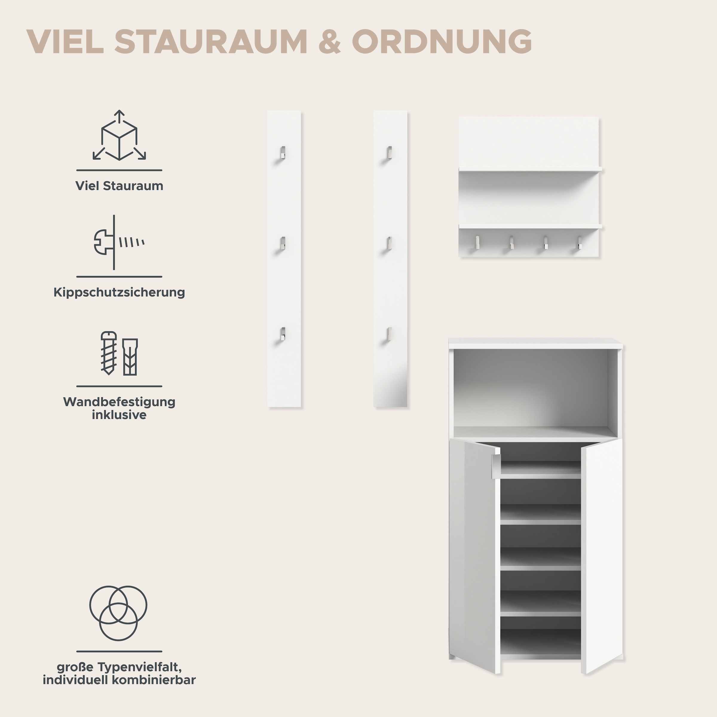 INOSIGN Garderoben-Set »Trondheim, Garderobenset 3-tlg. Breite 111 cm,«, (3 St.), hochglanz, best. aus: Paneele, Schuhkommode, Flur, Diele