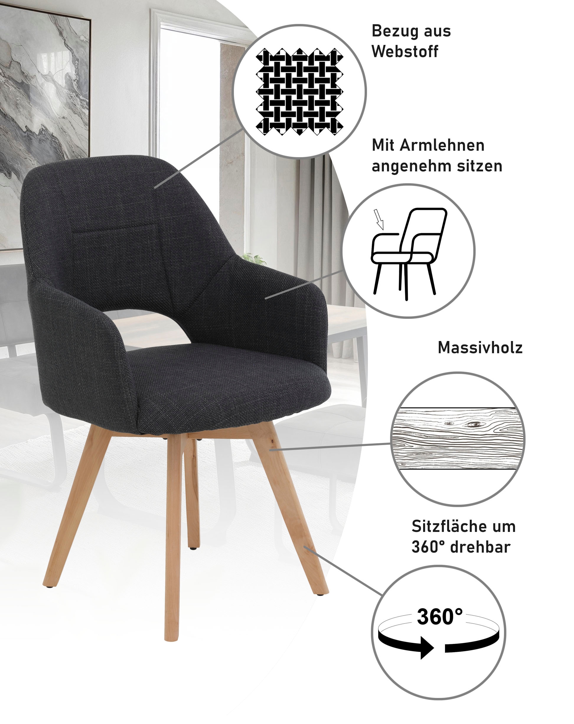 HELA Chaise à 4 pieds »STADE« (Set) 2 cuis360° drehbar,Massivholz 4-Fuss,Armlehnen,Ausschnitt im Rücken