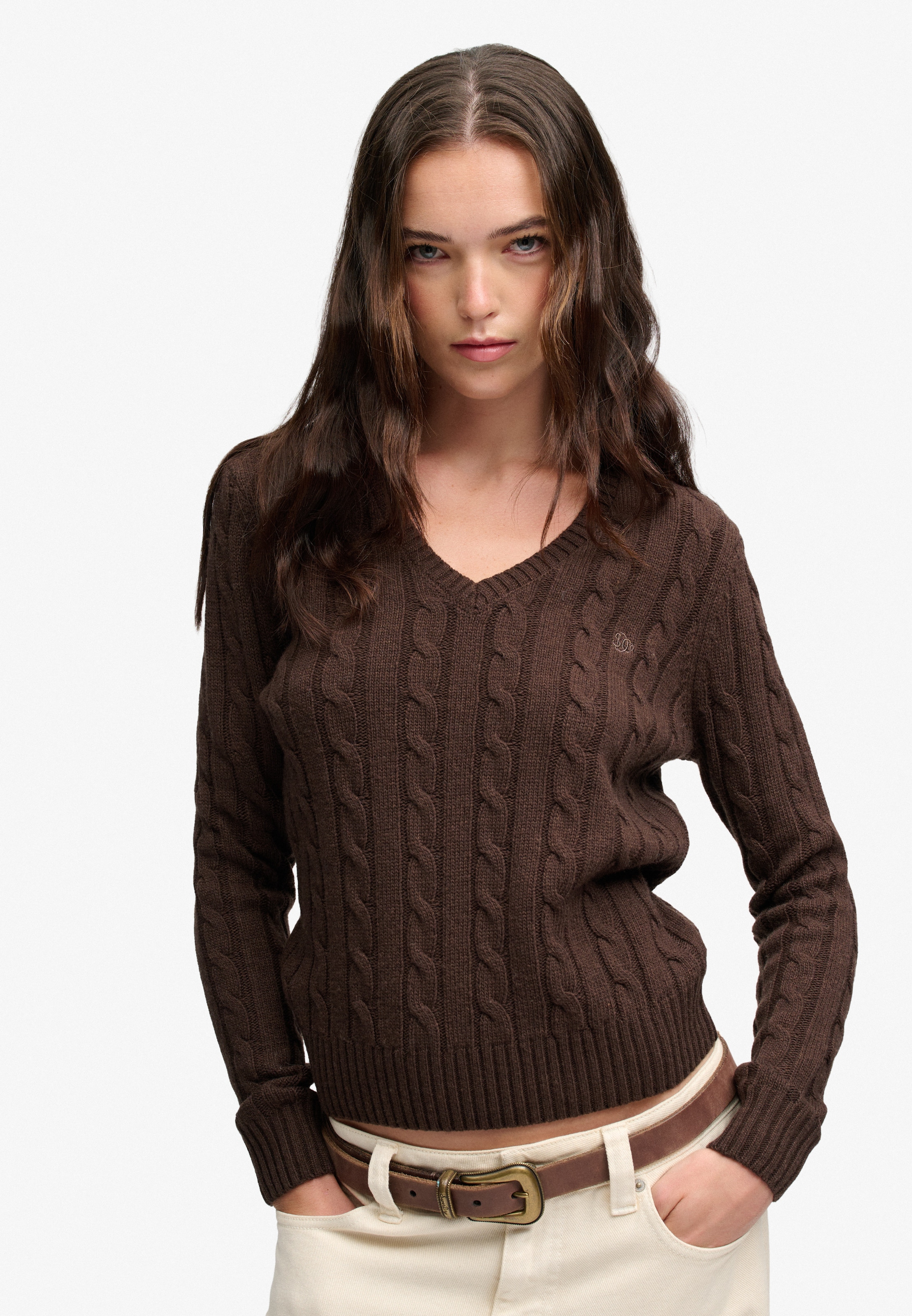 Image of Superdry V-Ausschnitt-Pullover "WOOL BLEND CABLE V NECK" Materialmix, hochwertig mit Woll-Anteil