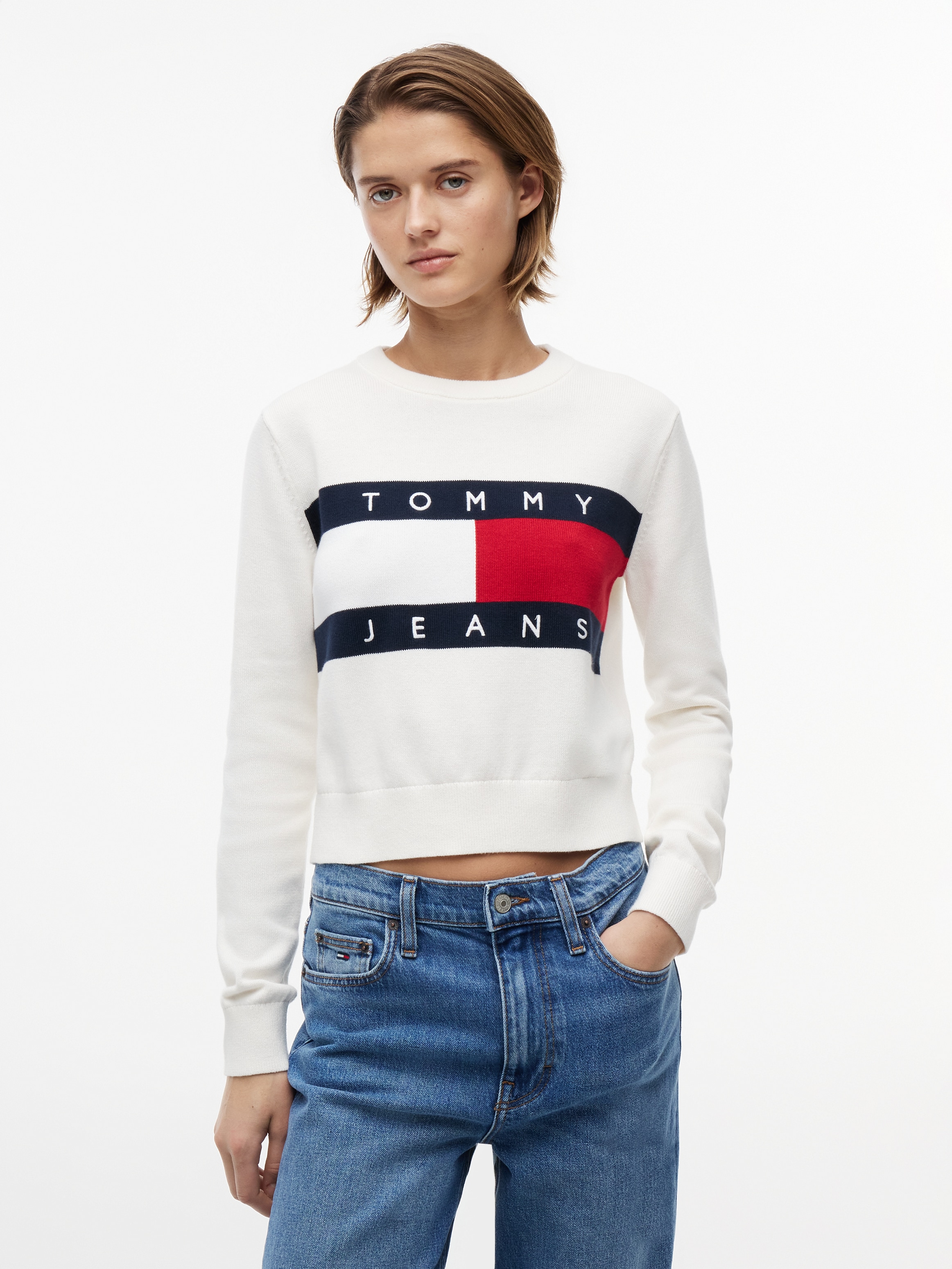 Image of Tommy Jeans Rundhalspullover "TJW FLAG CREW NECK SWEATER EXT" Baumwolle, Flag Strickmuster