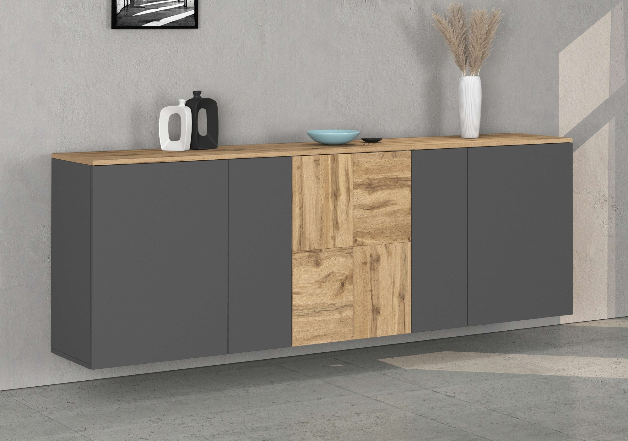 GOODproduct Sideboard »ISEO, Kommode, Schrank, Sideboard, Lowboard, 6 Fächer, Breite 200 cm« 1 Stk. tlg. stehend/hängend, 5 Türen, 6 Fächer, Breite 200 cm