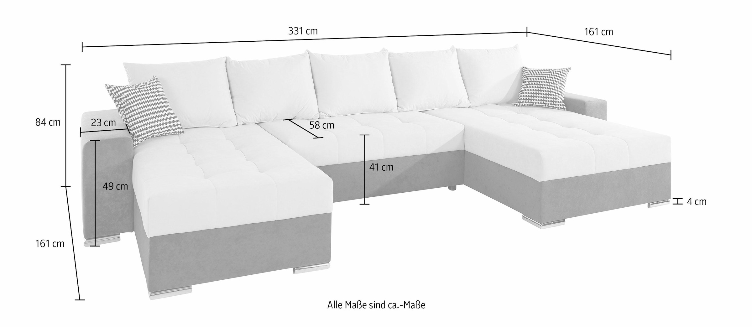 COLLECTION AB Wohnlandschaft »XXL-Josy U-Form, Breite 333 cm, mit 2 Recamieren 77 & 97 cm«, inkl. Bettfunktion, Bettkasten, mit 5 gleich grossen Rückenkissen