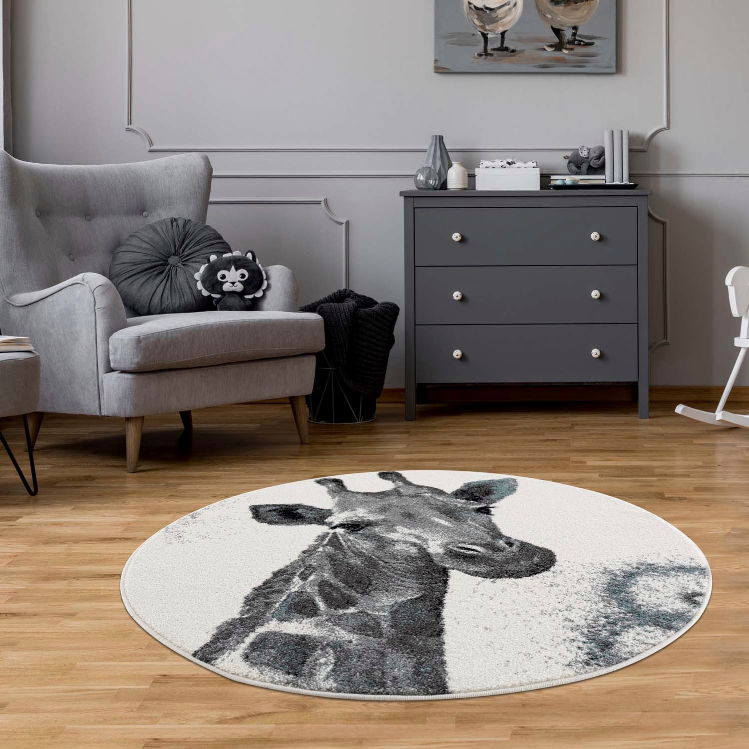 Image of Carpet City Kinderteppich "Savanna 9370" rund 11 mm Höhe Spielteppich, Teppich, Giraffe, Creme/ Grau, Kurzflor