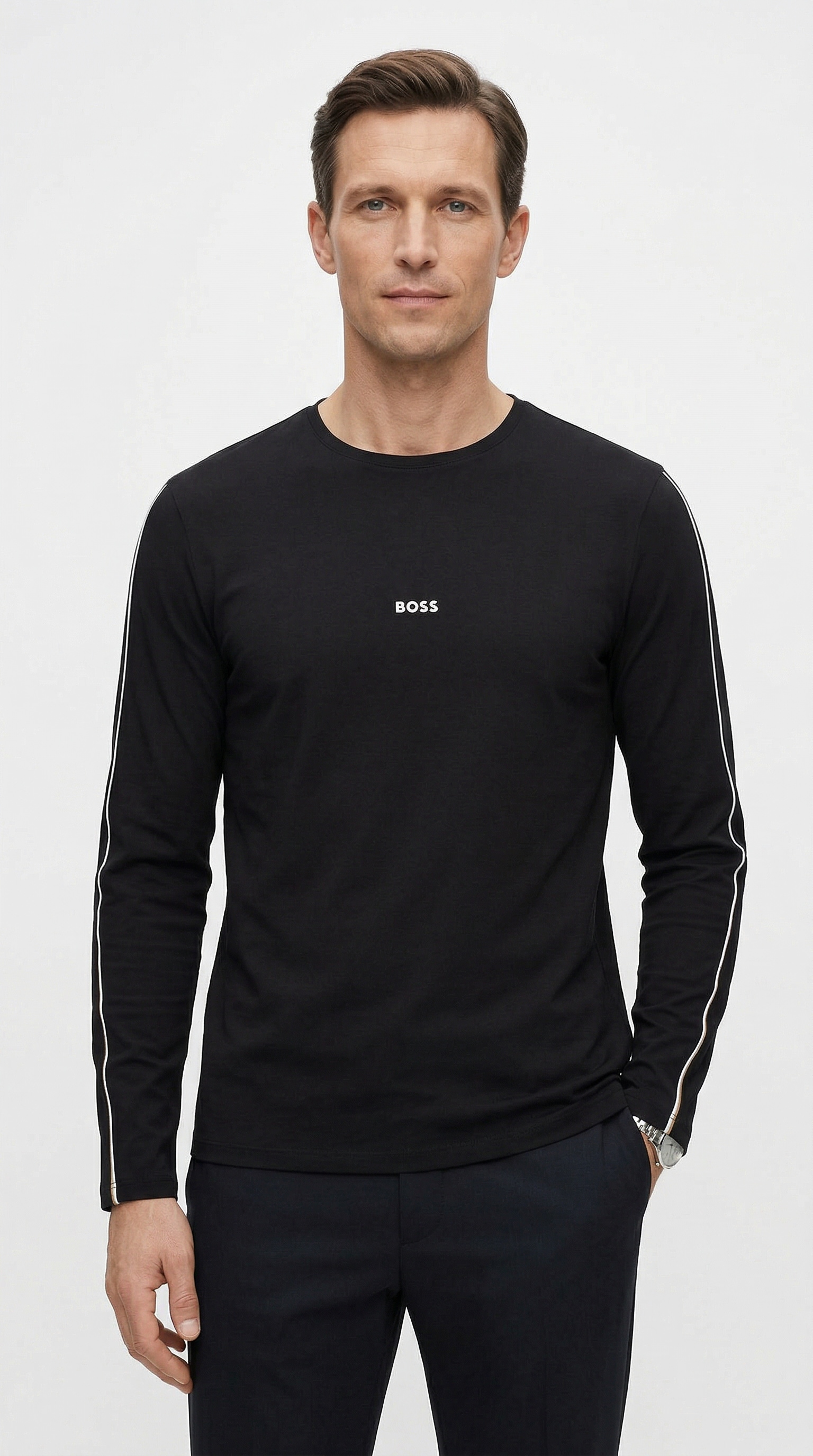 Image of BOSS Longsleeve "Unique" bequemes Langarmshirt mit Kontrastnaht am Ärmel