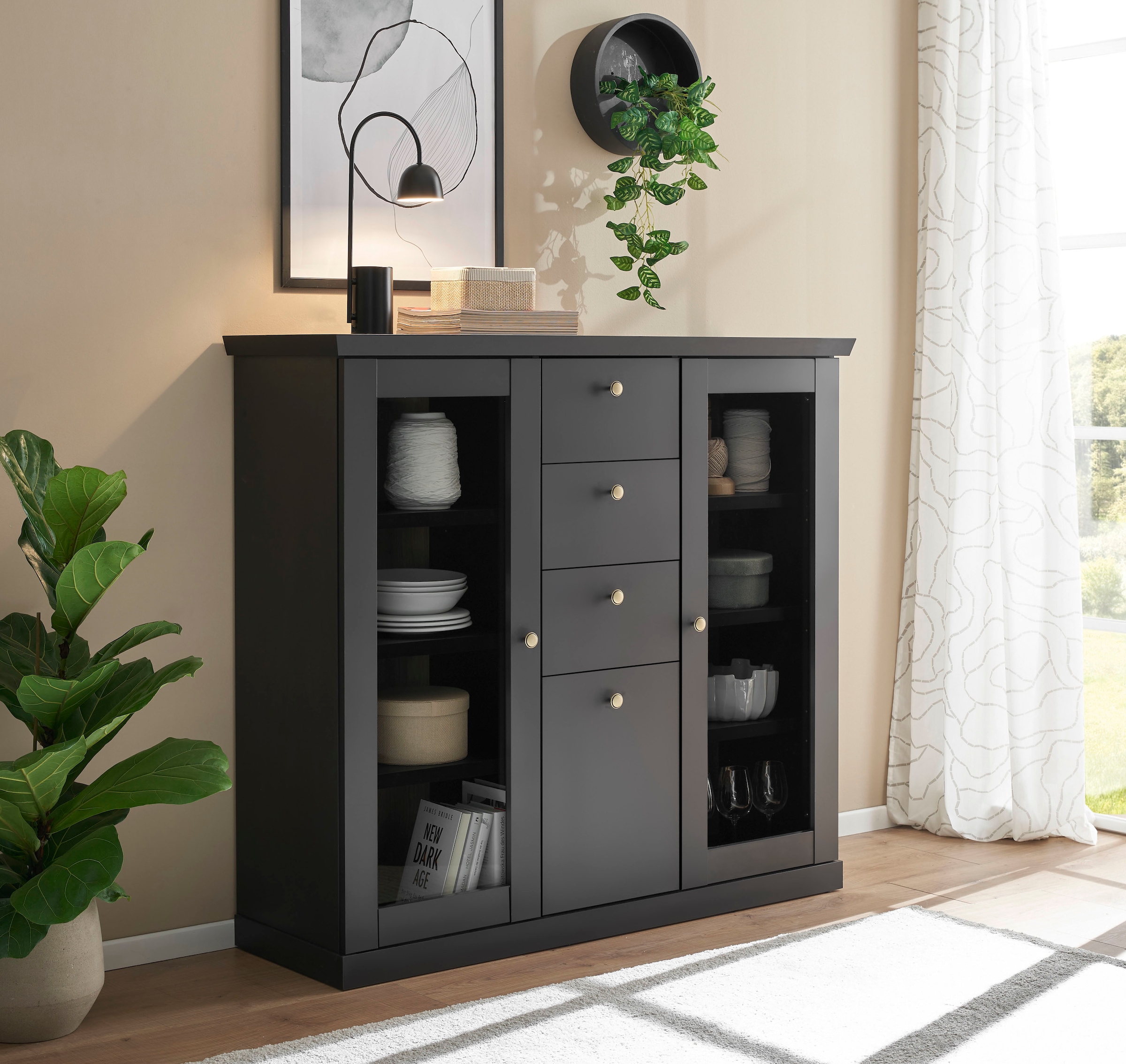 Home affaire Highboard »Lincoln, moderner Schrank, schwarzer Stauraumschrank, 129 cm breit« edles Design, messingfarbene Knopfgriffe, vielseitig einsetzbar