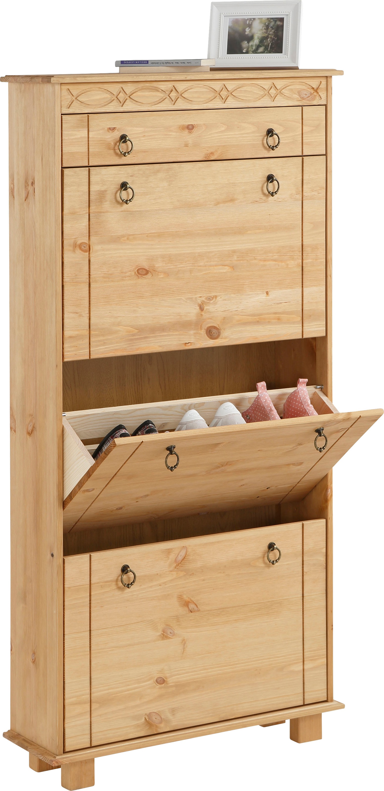 Image of GOODproduct Schuhschrank "Indra mit 3 Kippern und 1 Schublade, Metallgriffe, dekorative Fräsung" aus massiver Kiefer, Metallgriffe, Platz für ca. 9 Paar Schuhe